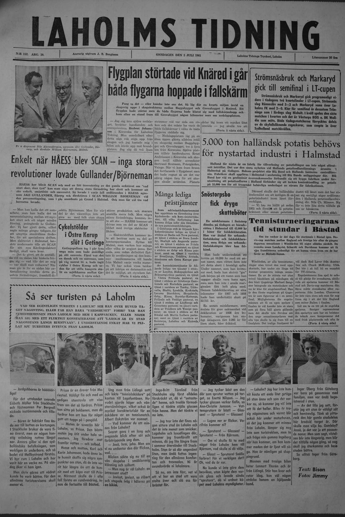 Laholms Tidning Onsdag 5 juli 1961, sida 1