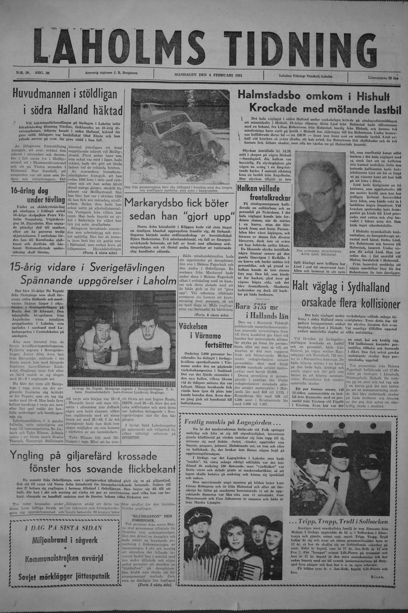 Laholms Tidning Måndag 6 februari 1961, sida 1
