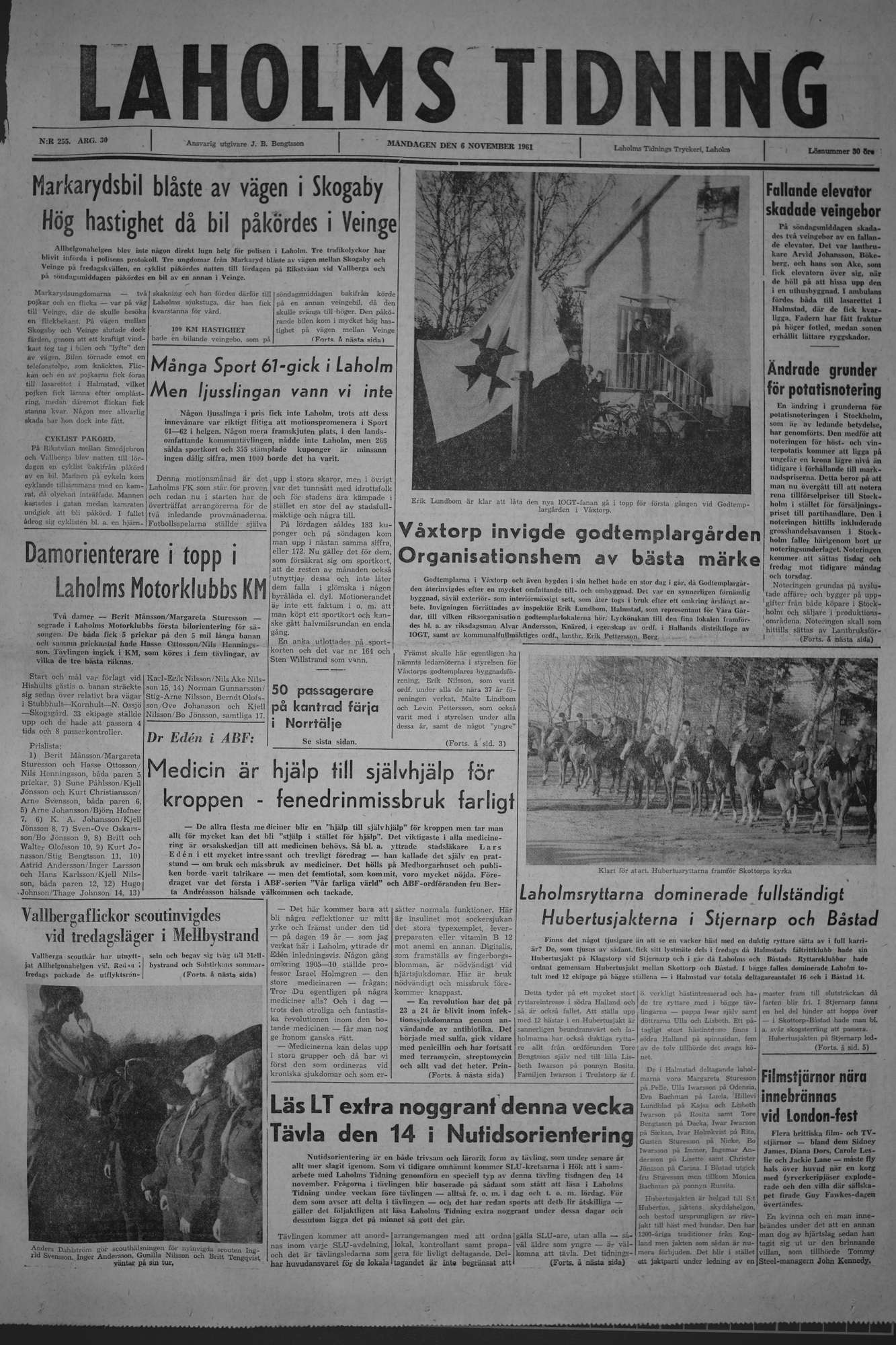 Laholms Tidning Måndag 6 november 1961, sida 1
