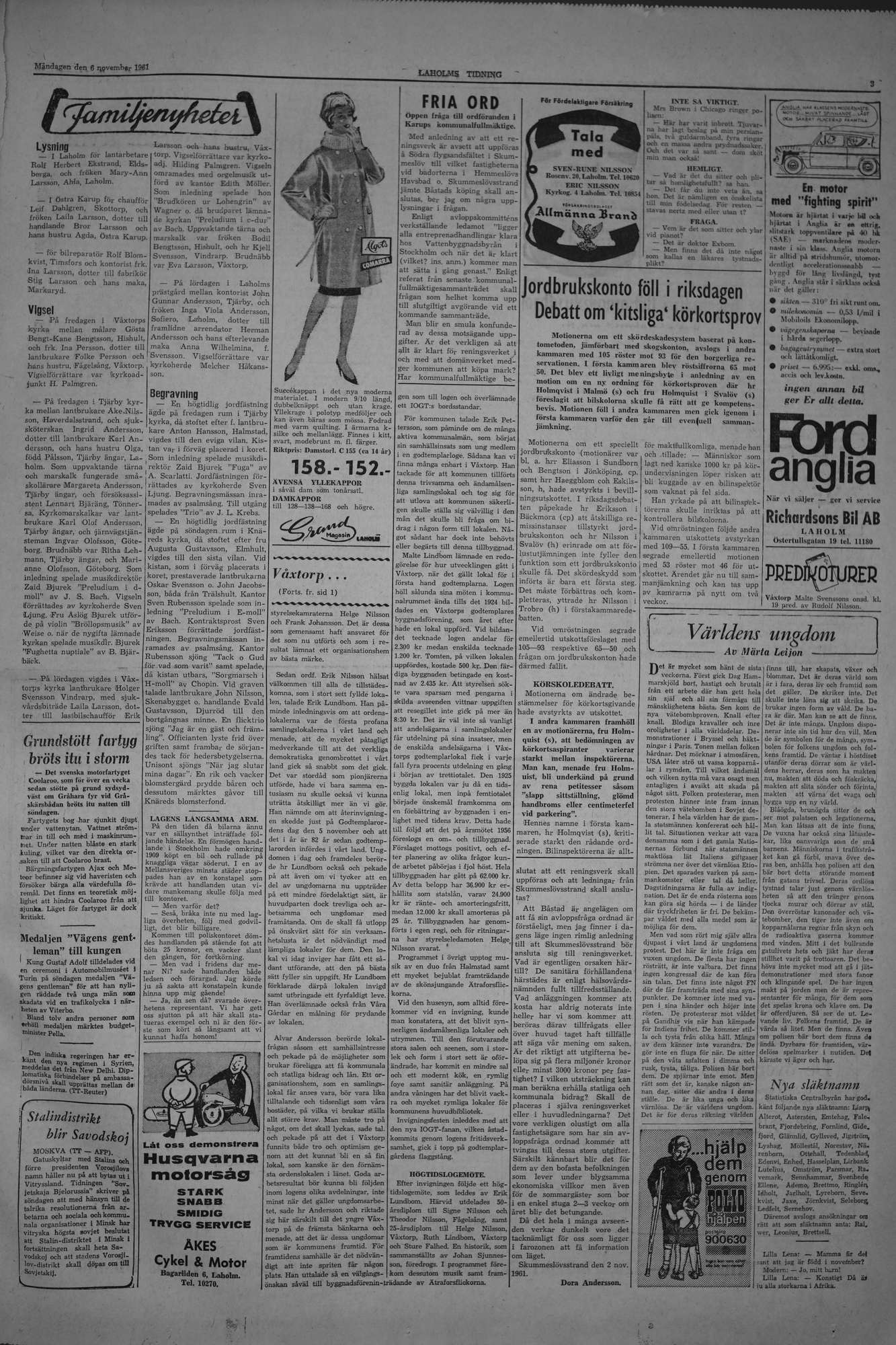 Laholms Tidning Måndag 6 november 1961, sida 3