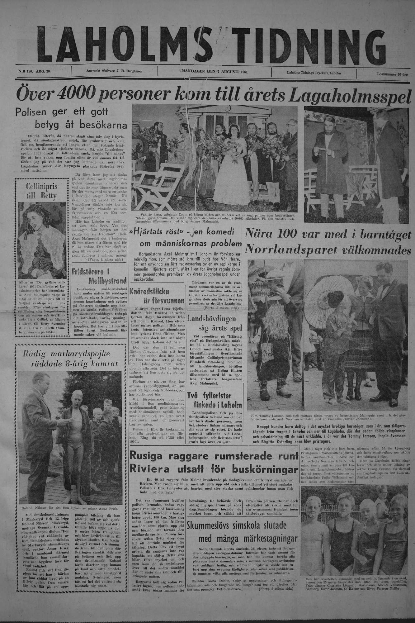 Laholms Tidning Måndag 7 augusti 1961, sida 1