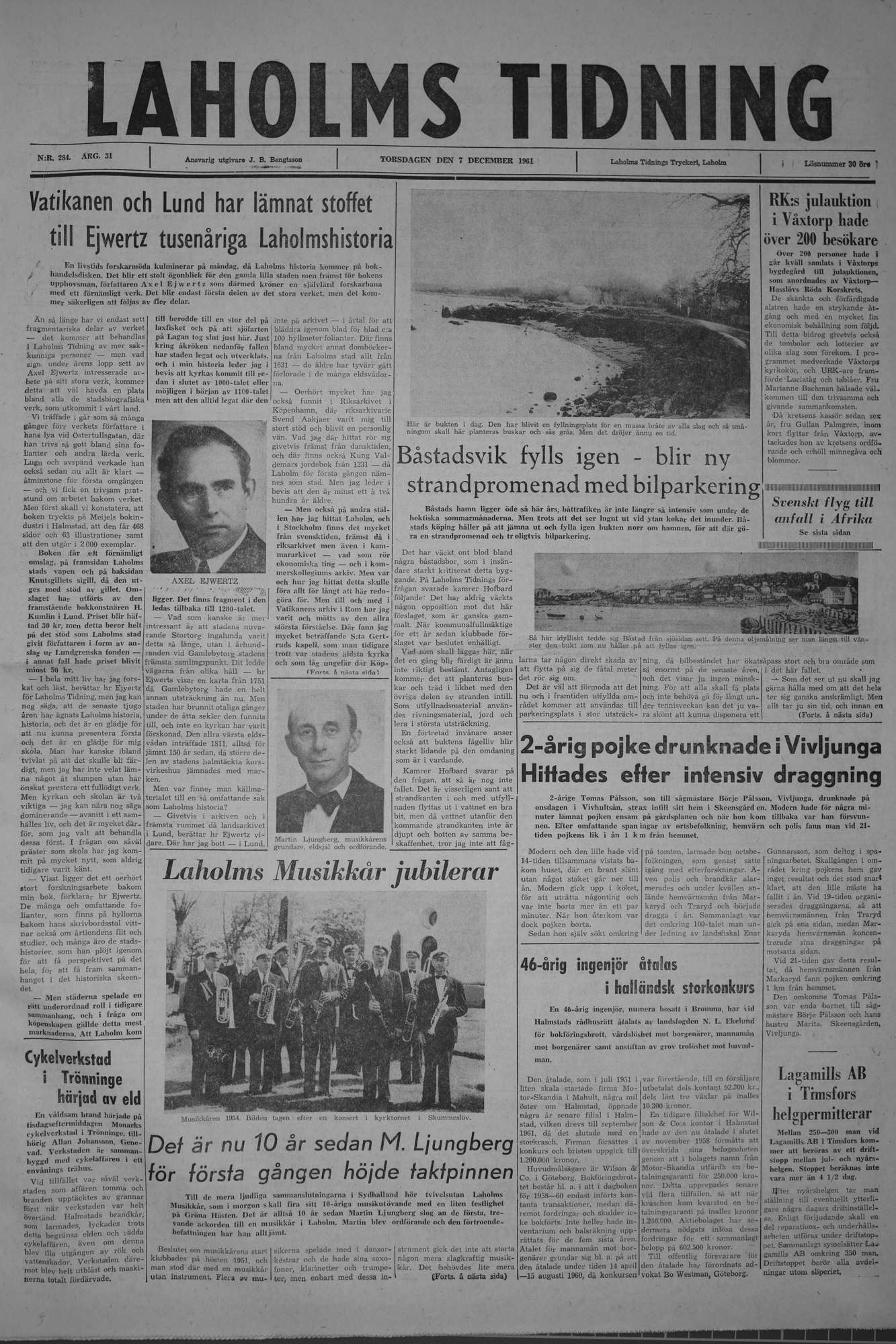 Laholms Tidning Torsdag 7 december 1961, sida 1