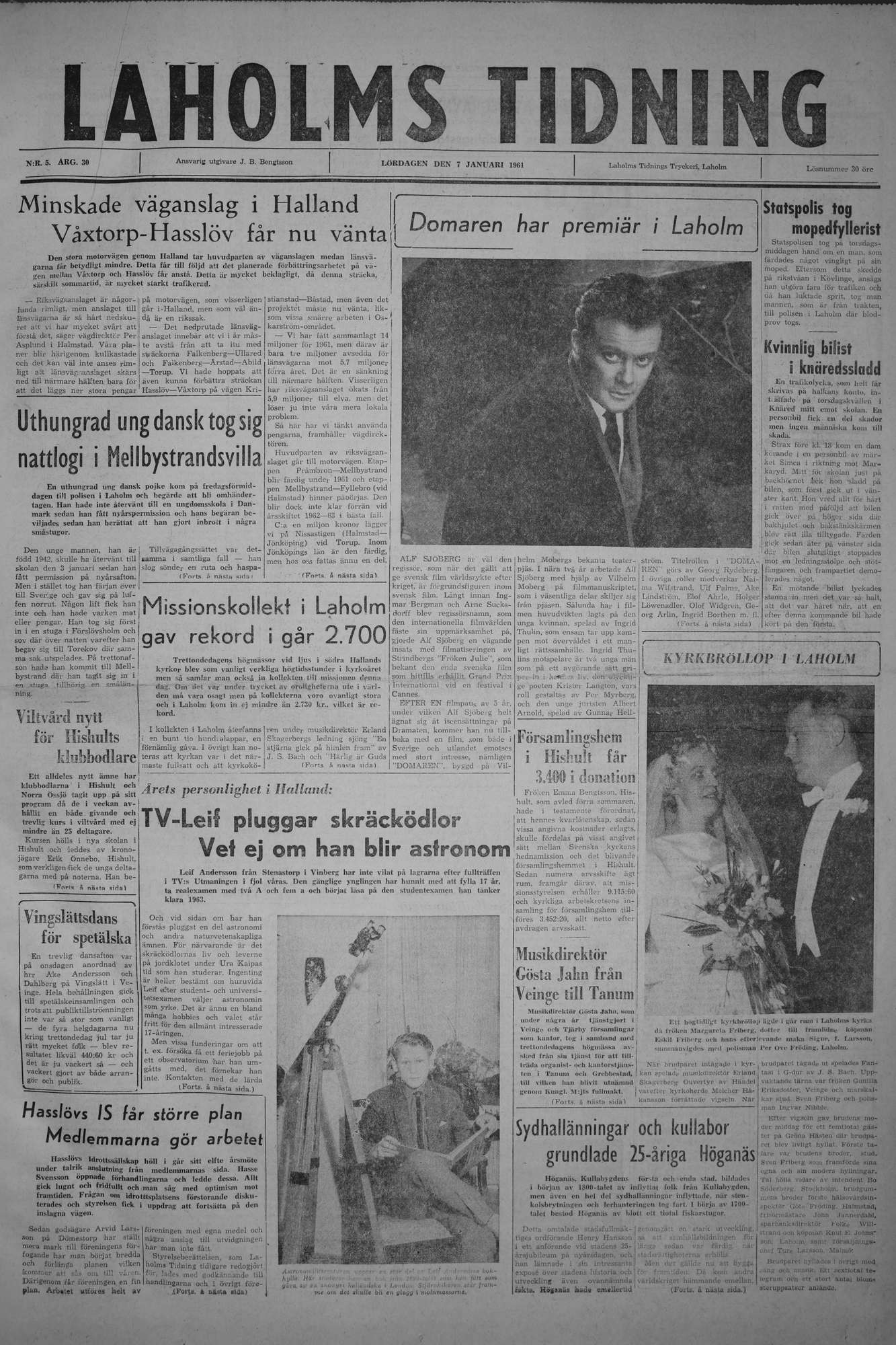 Laholms Tidning Lördag 7 januari 1961, sida 1
