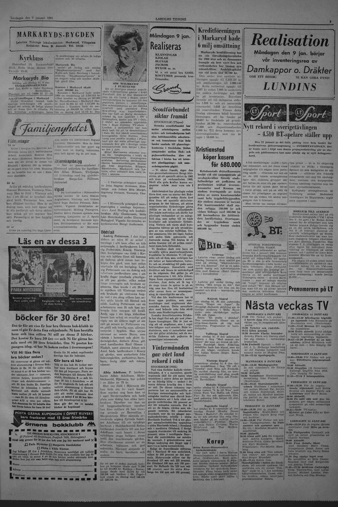 Laholms Tidning Lördag 7 januari 1961, sida 3