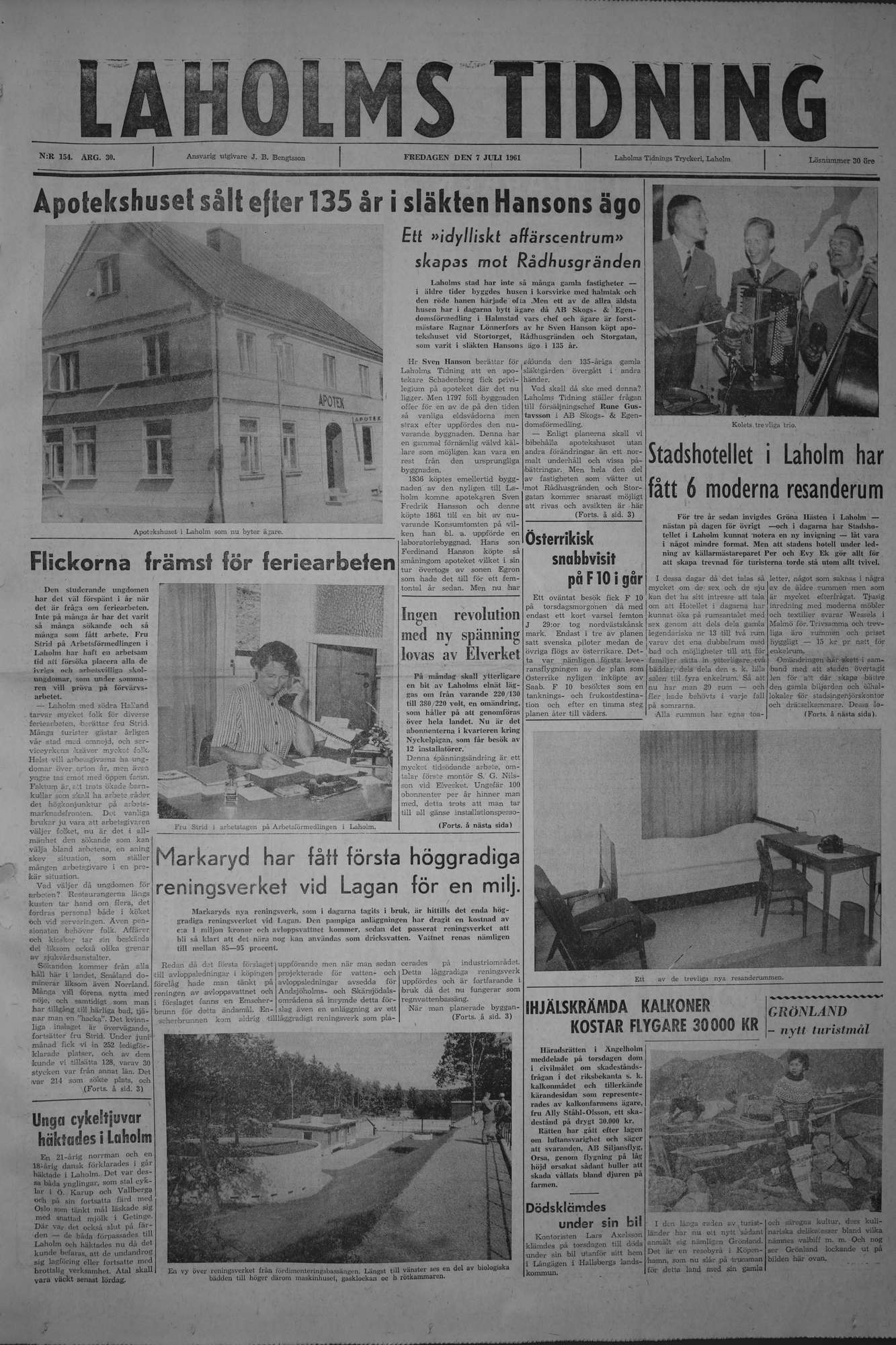Laholms Tidning Fredag 7 juli 1961, sida 1