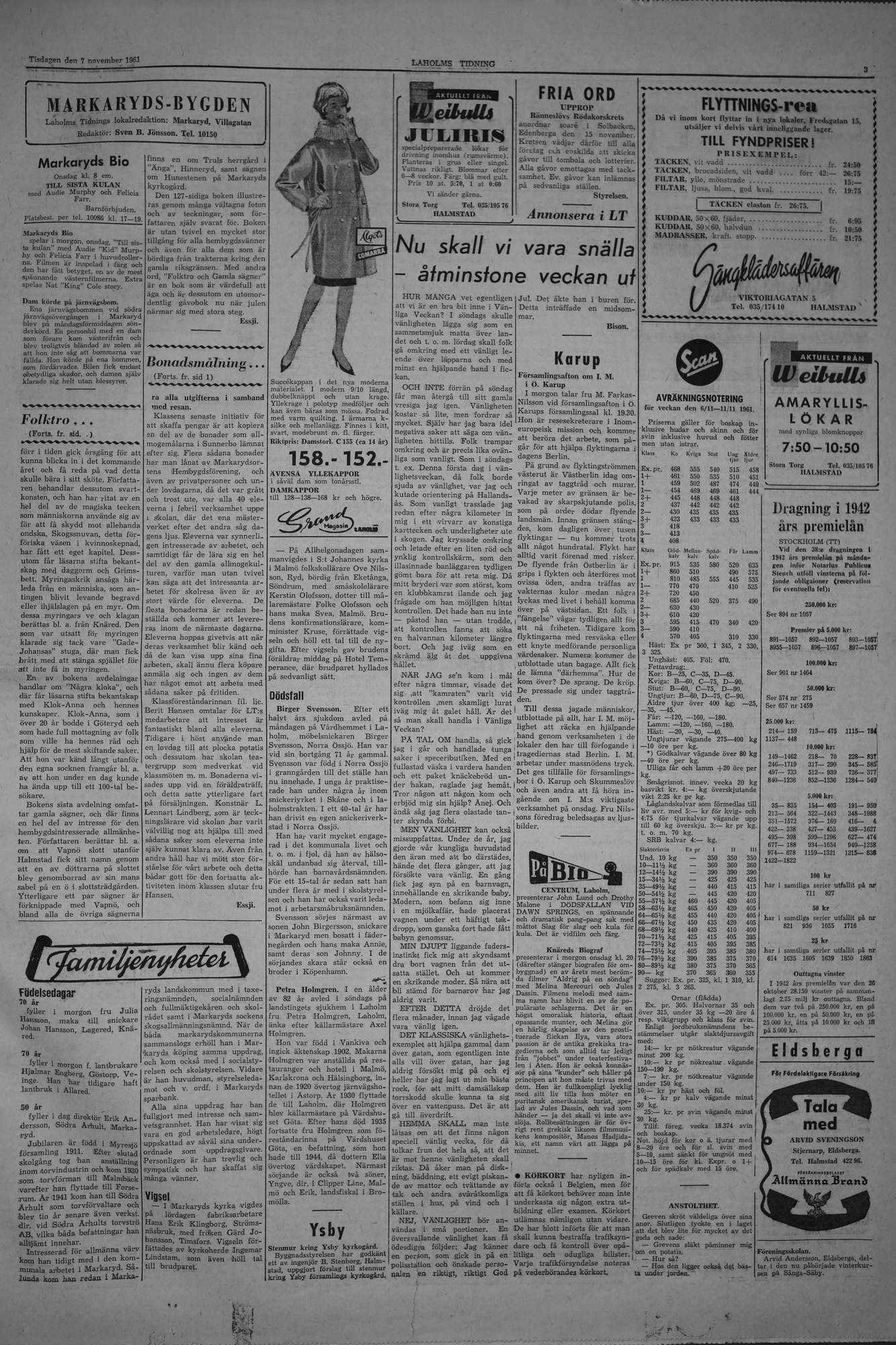 Laholms Tidning Tisdag 7 november 1961, sida 3