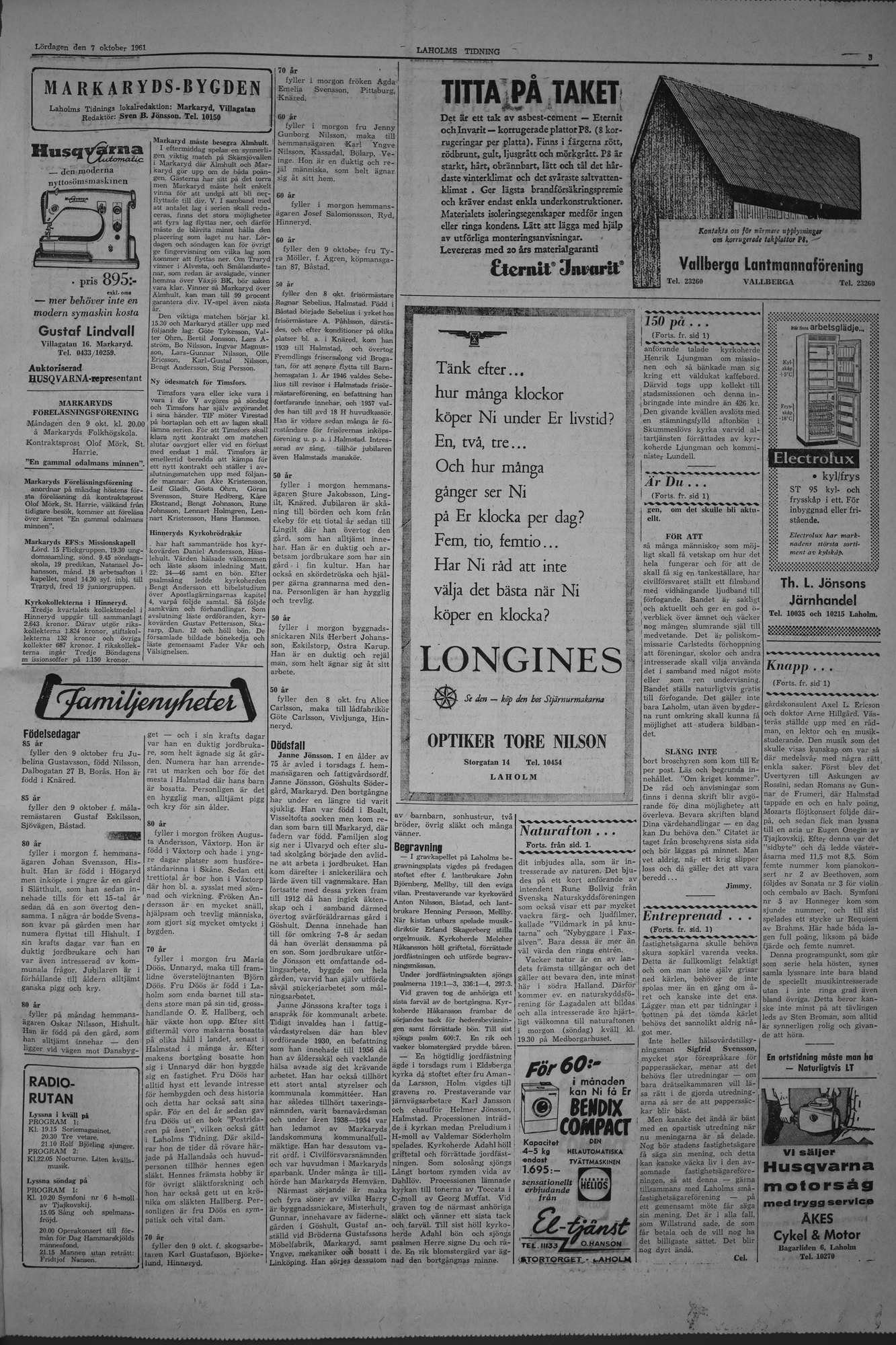 Laholms Tidning Lördag 7 oktober 1961, sida 3