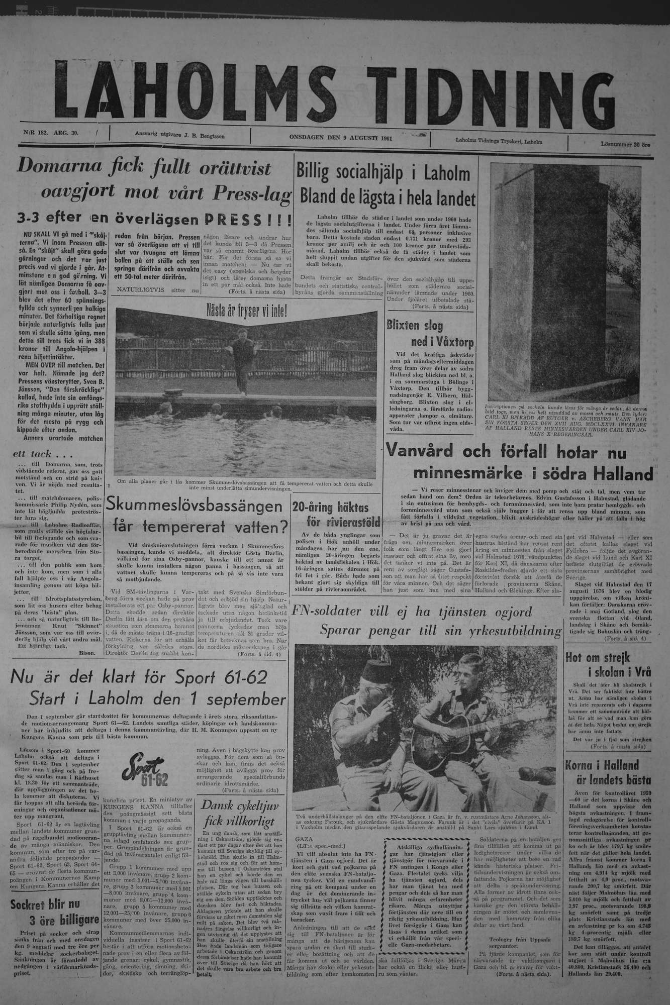Laholms Tidning Onsdag 9 augusti 1961, sida 1