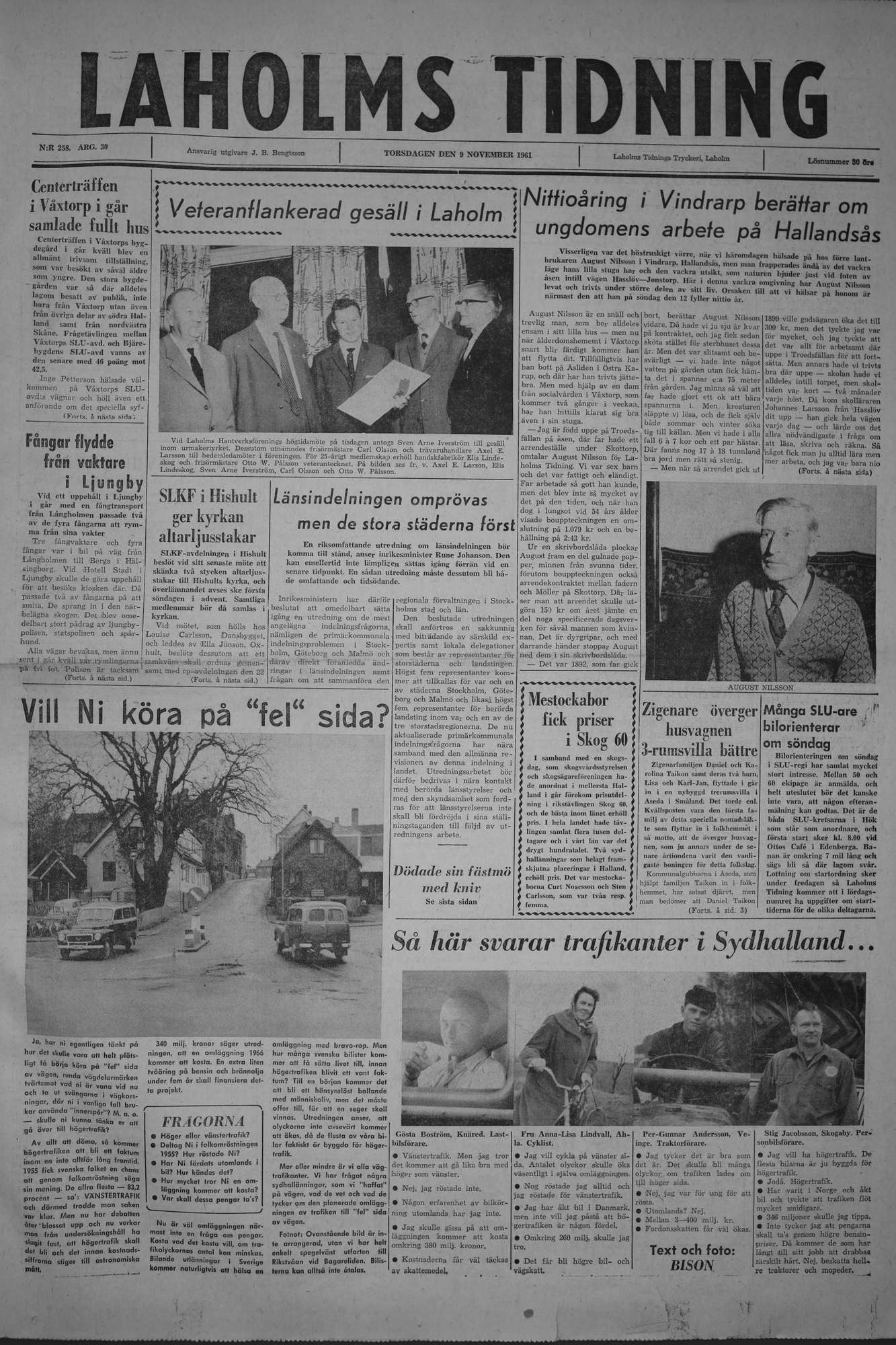 Laholms Tidning Torsdag 9 november 1961, sida 1