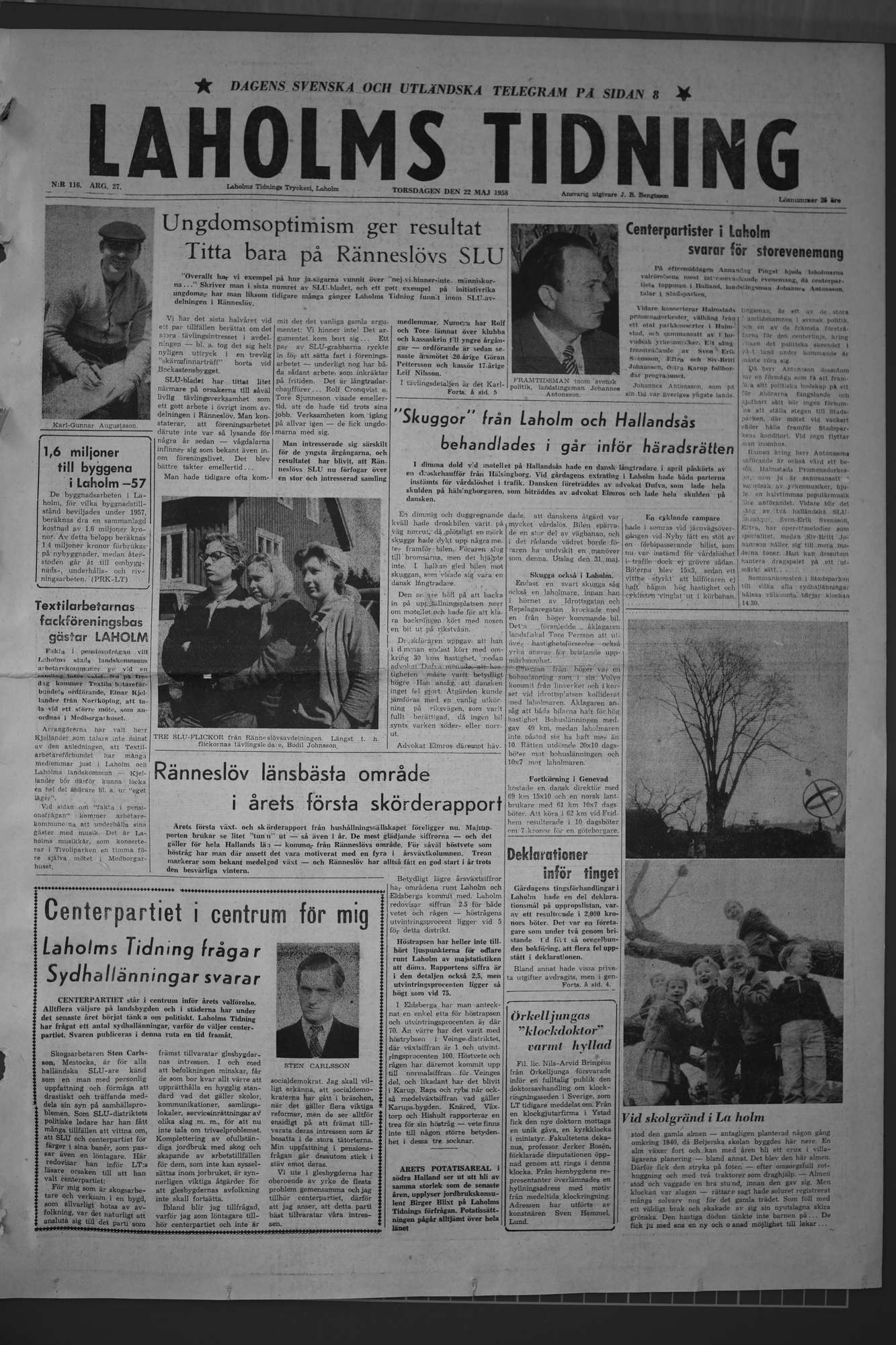Laholms Tidning Torsdag 22 maj 1958, sida 1
