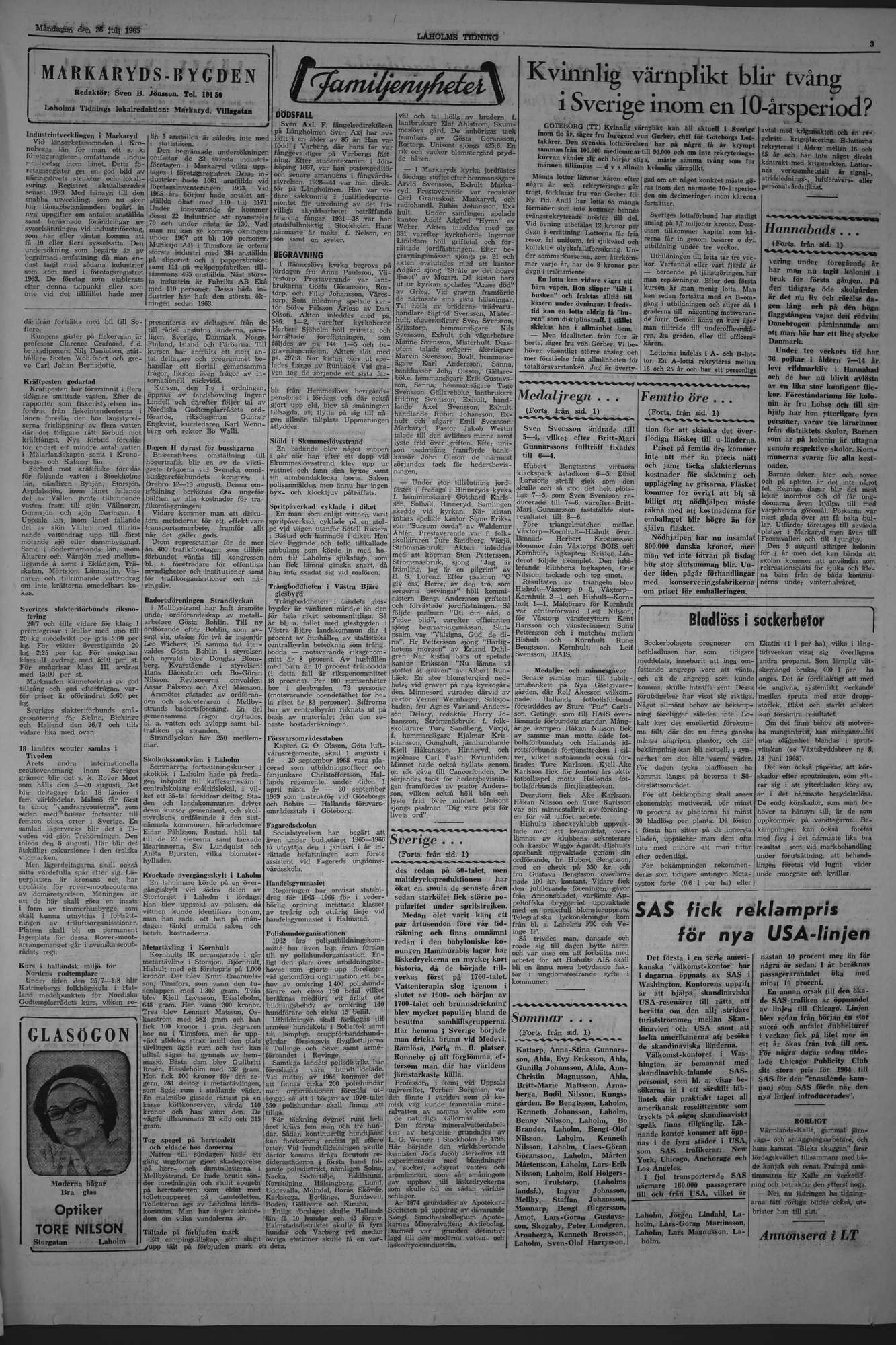 Laholms Tidning Måndag 26 juli 1965, sida 3