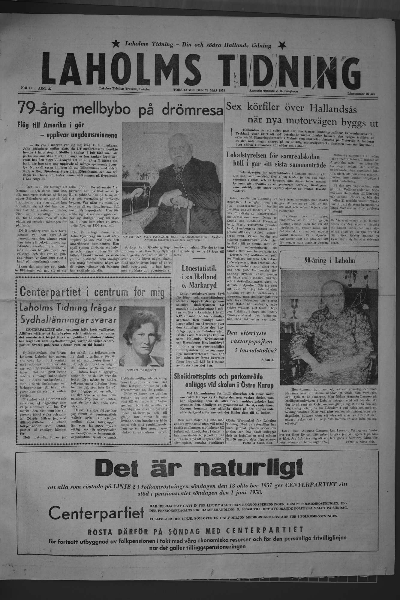 Laholms Tidning Torsdag 29 maj 1958, sida 1