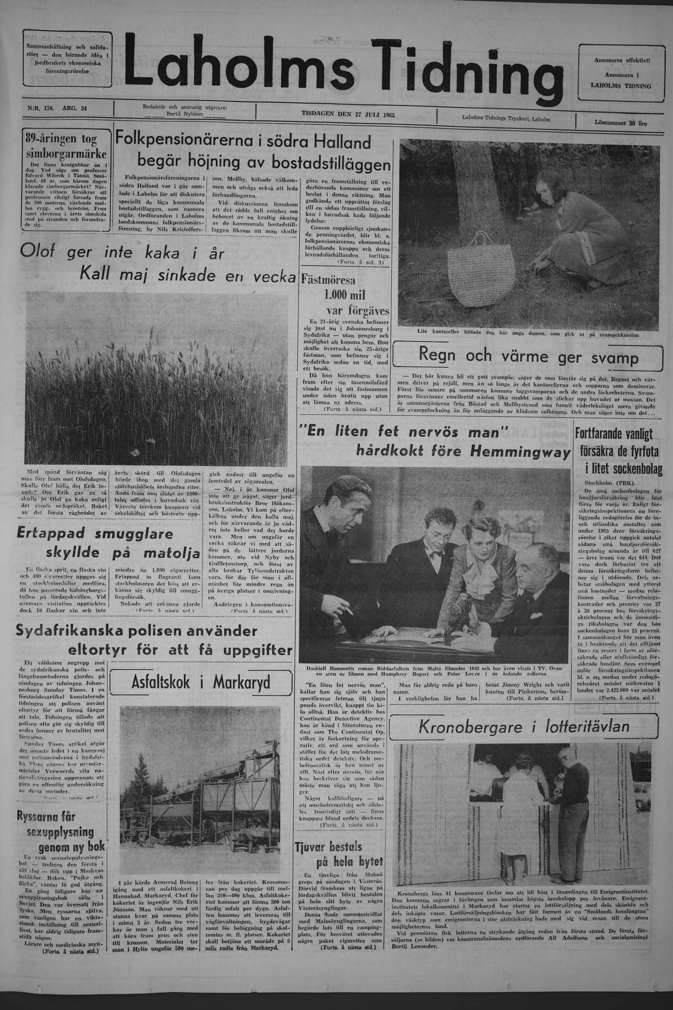 Laholms Tidning Tisdag 27 juli 1965, sida 1
