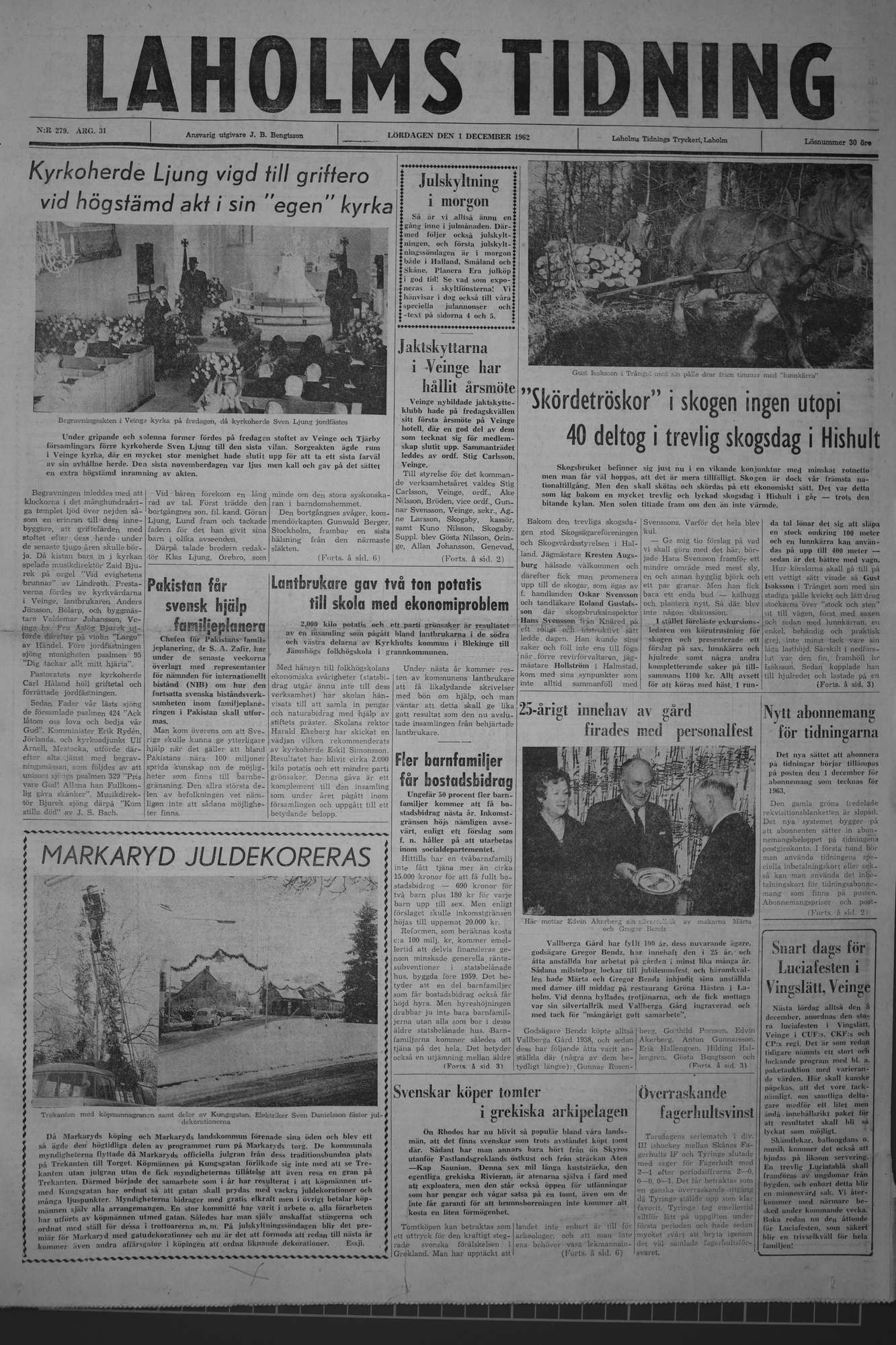 Laholms Tidning Lördag 1 december 1962, sida 1