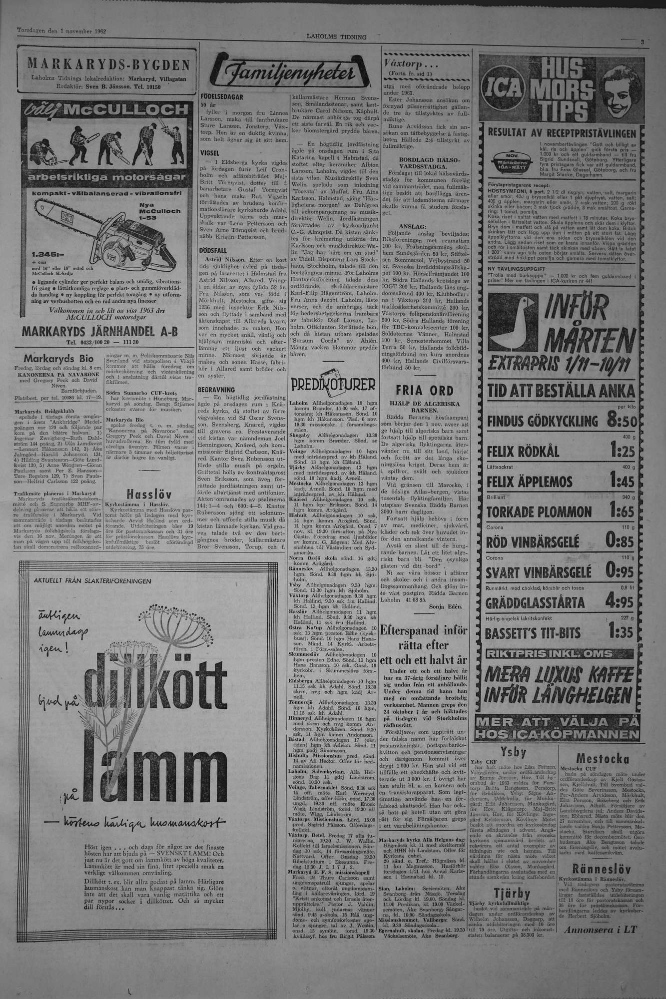 Laholms Tidning Torsdag 1 november 1962, sida 3