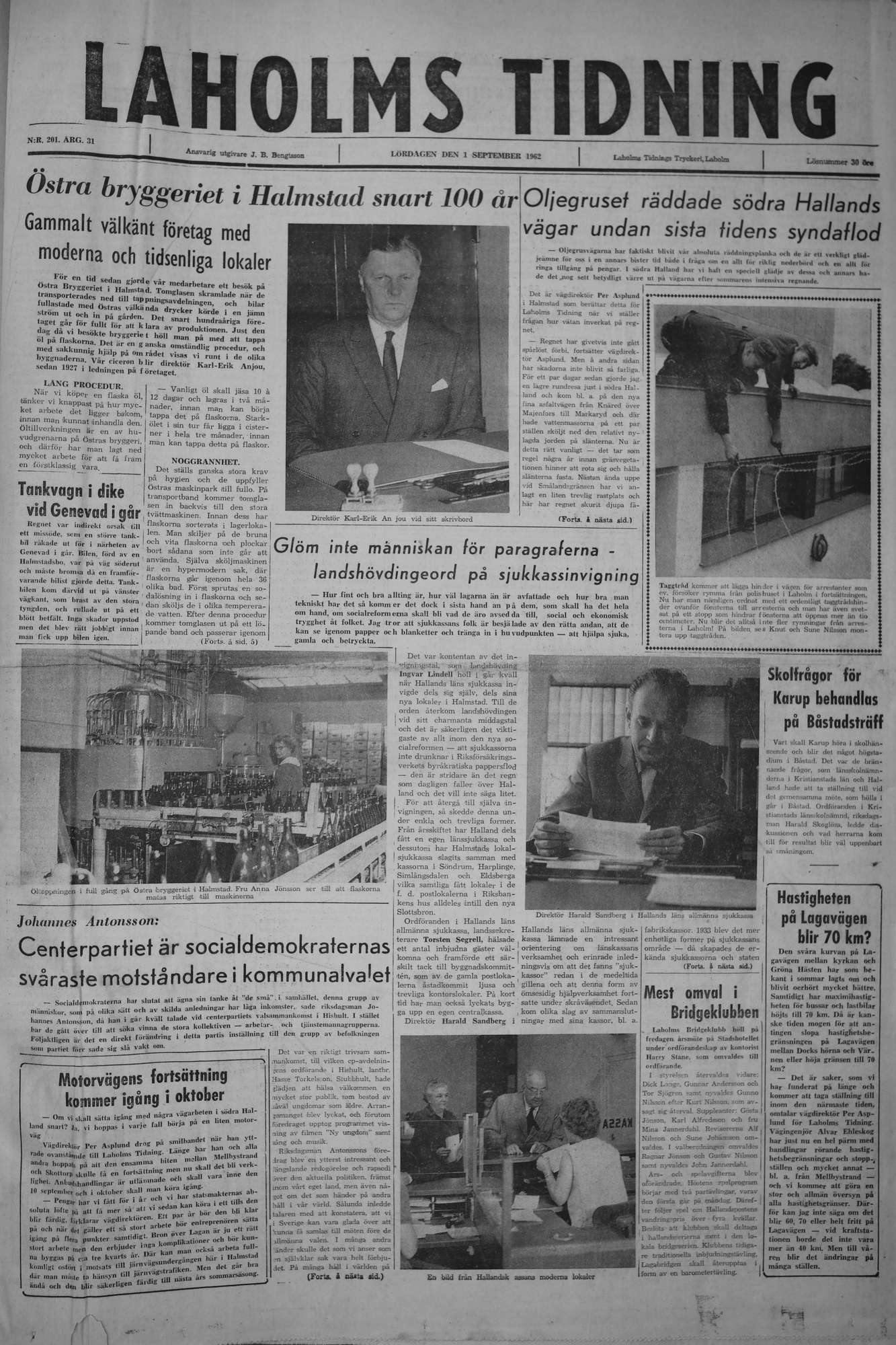 Laholms Tidning Lördag 1 september 1962, sida 1