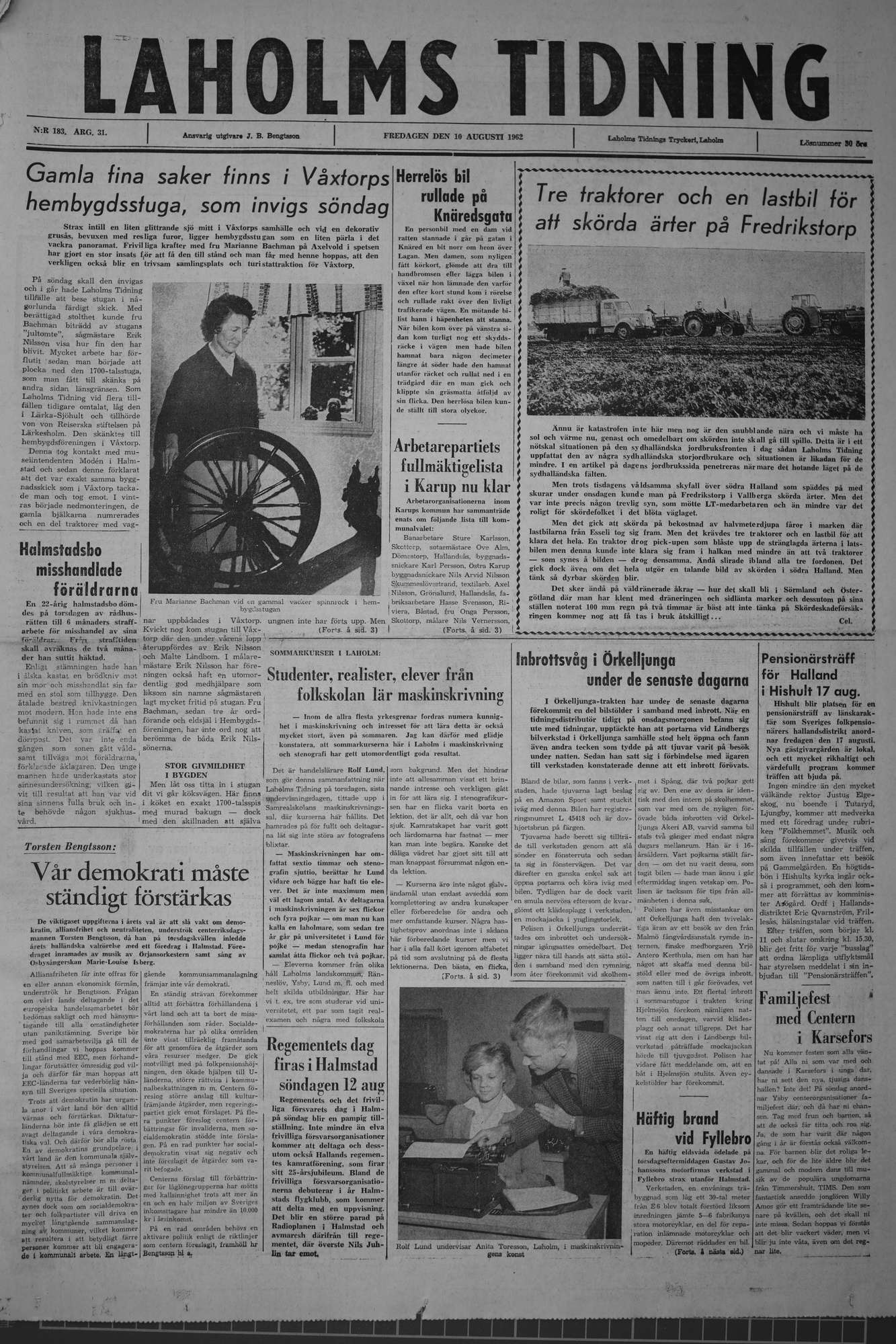 Laholms Tidning Fredag 10 augusti 1962, sida 1