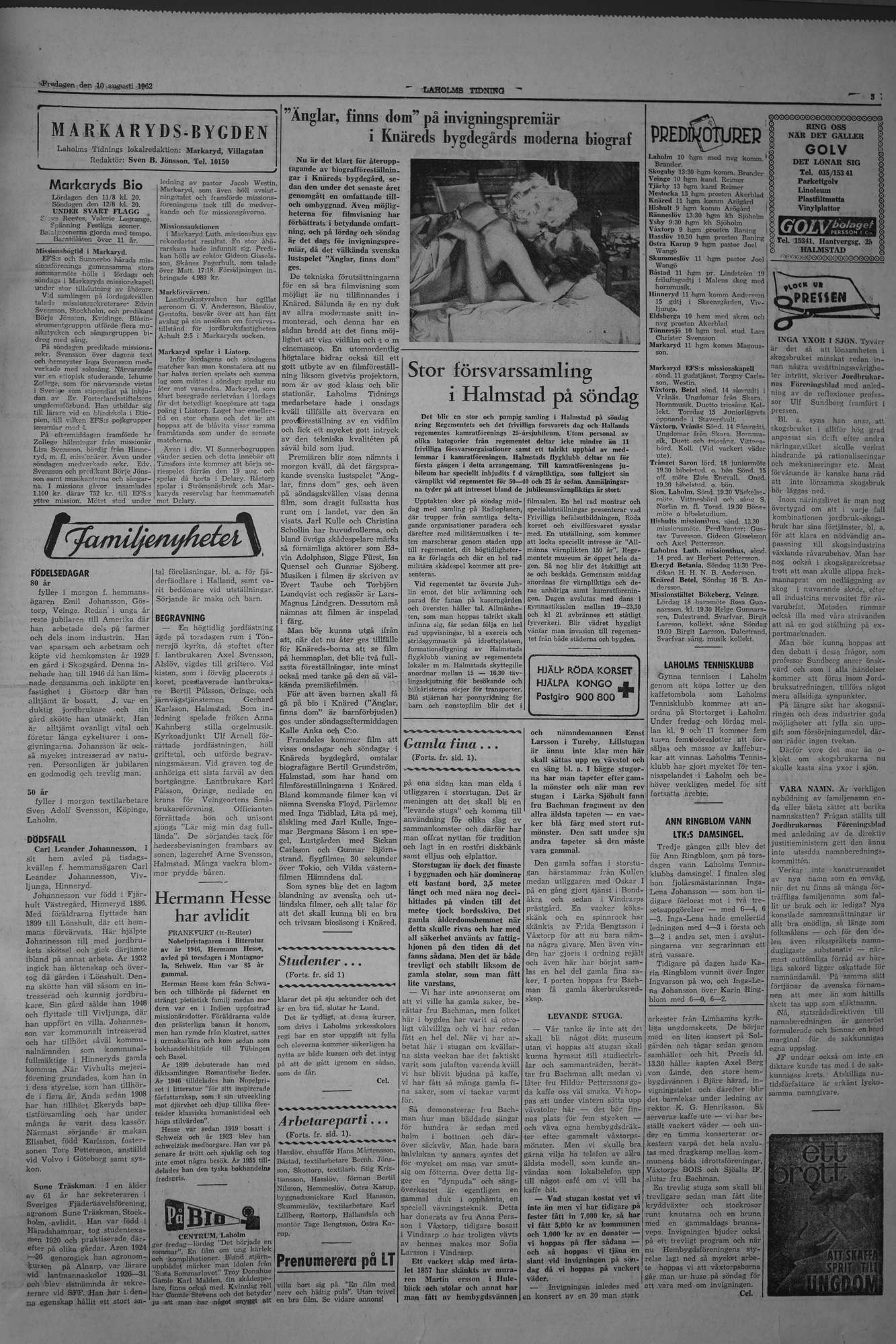 Laholms Tidning Fredag 10 augusti 1962, sida 3