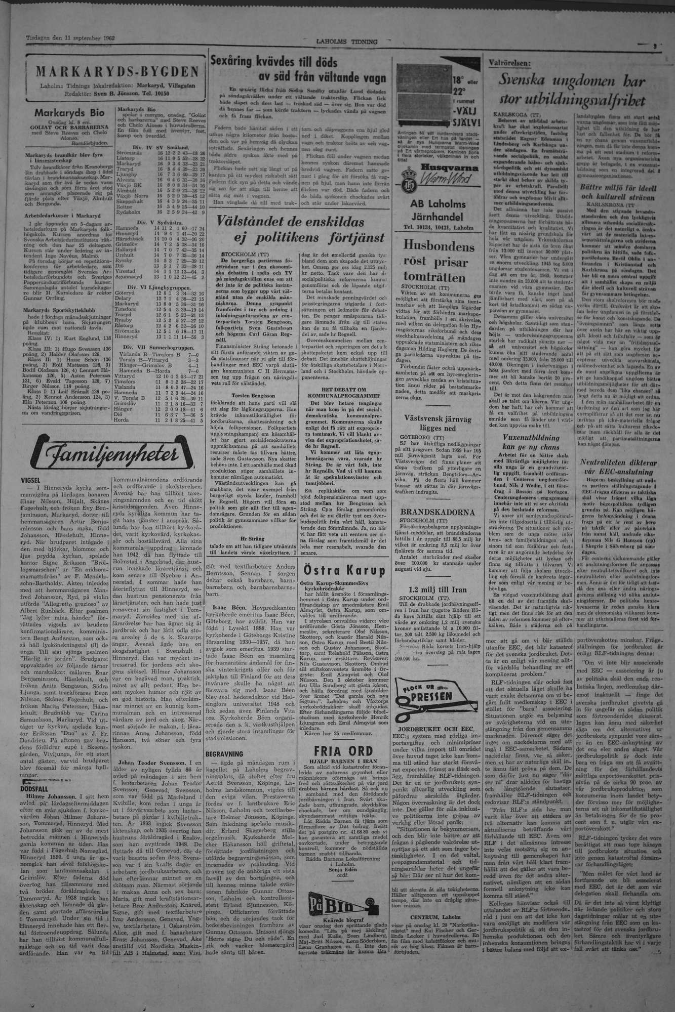 Laholms Tidning Tisdag 11 september 1962, sida 3