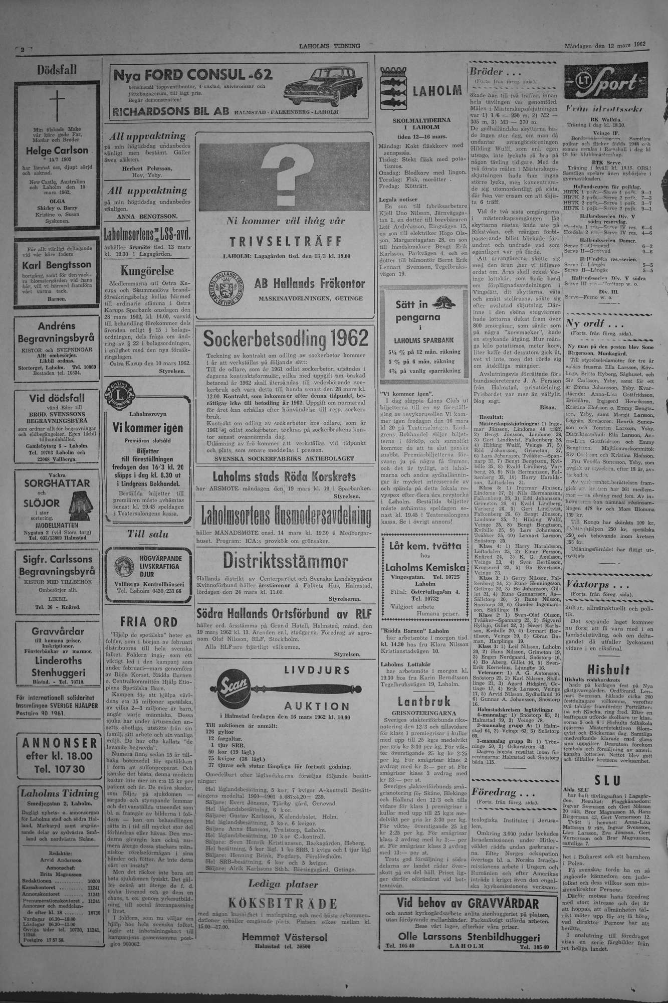 Laholms Tidning Måndag 12 mars 1962, sida 2