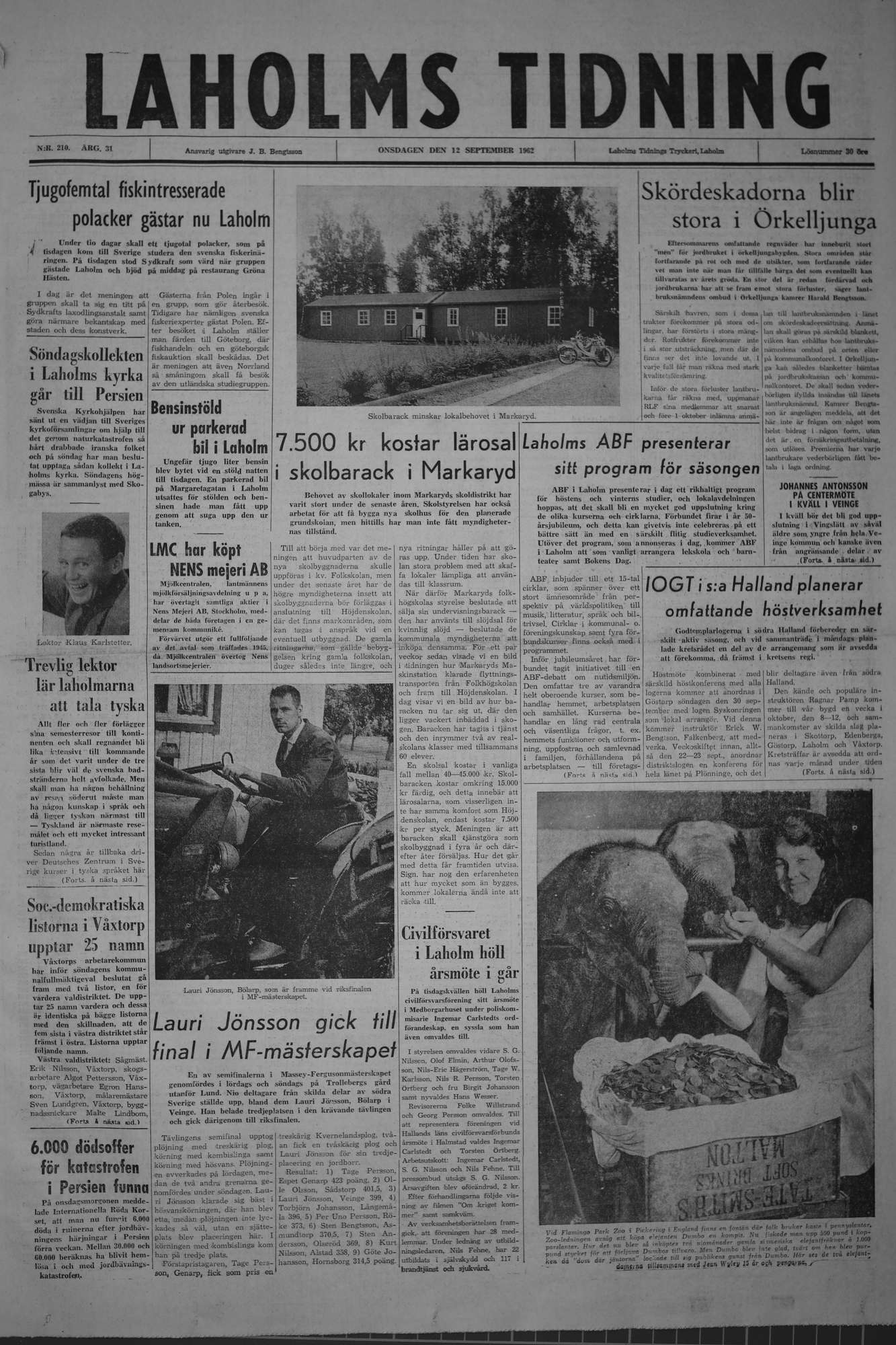 Laholms Tidning Onsdag 12 september 1962, sida 1