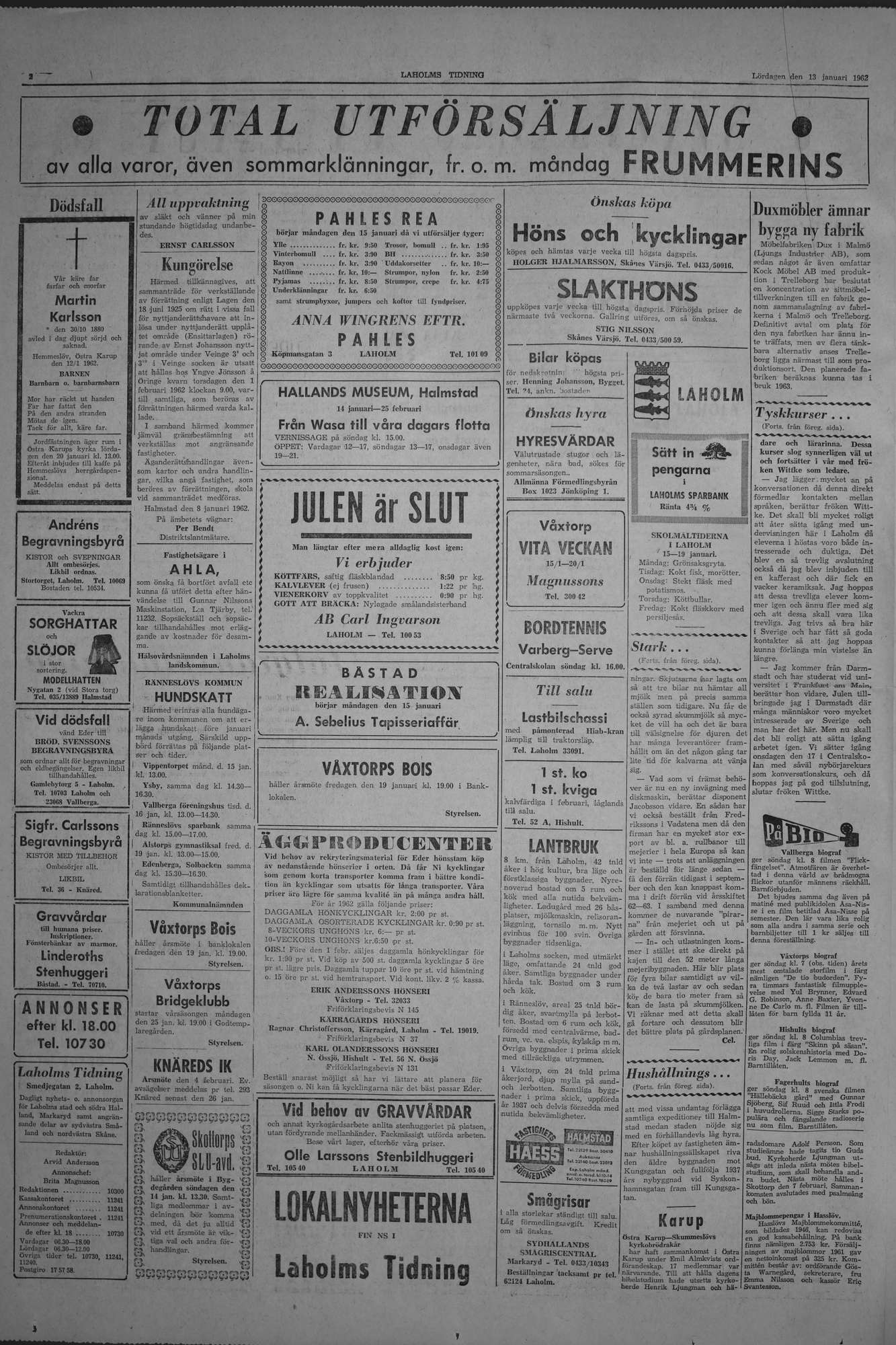 Laholms Tidning Lördag 13 januari 1962, sida 2