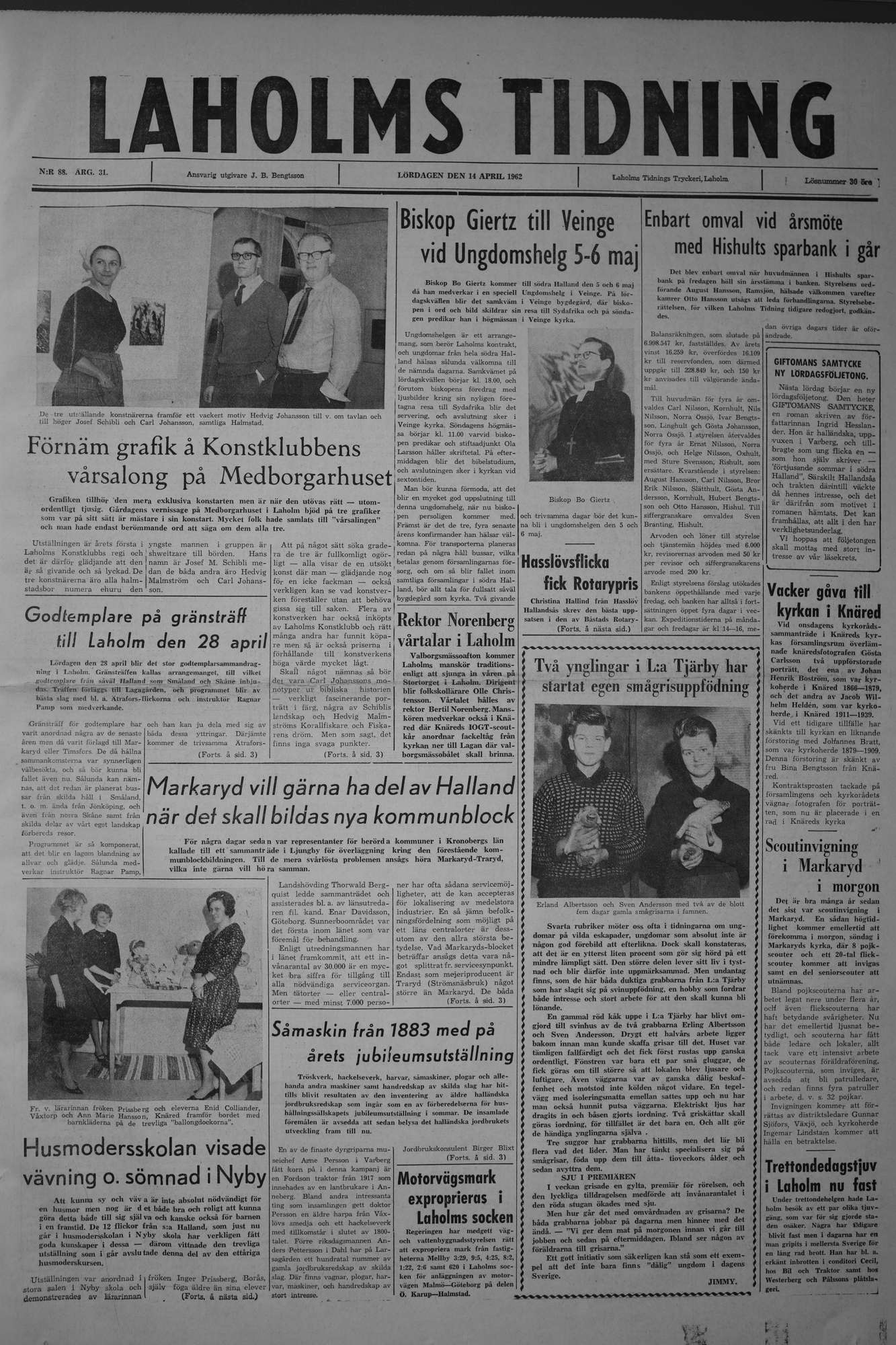 Laholms Tidning Lördag 14 april 1962, sida 1