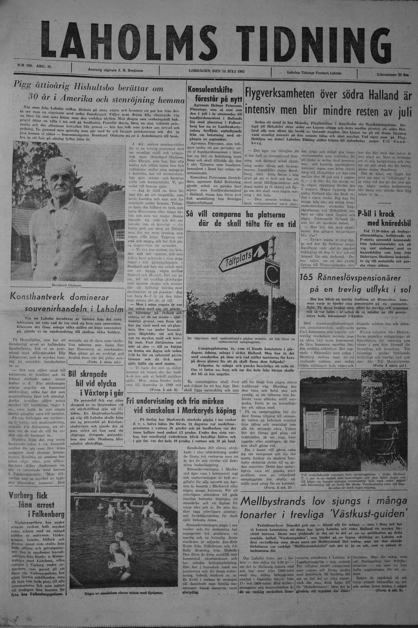 Laholms Tidning Lördag 14 juli 1962, sida 1