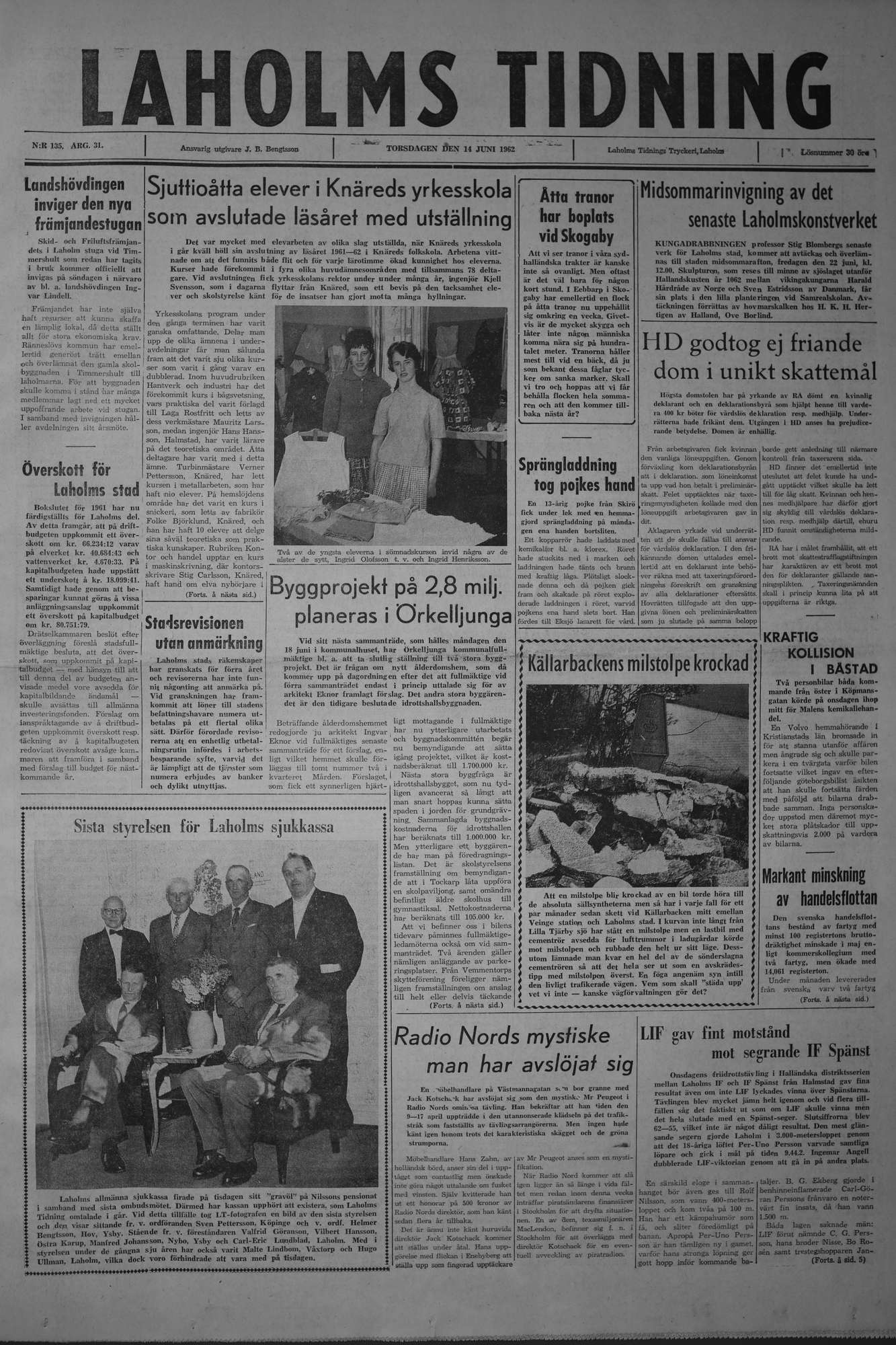 Laholms Tidning Torsdag 14 juni 1962, sida 1