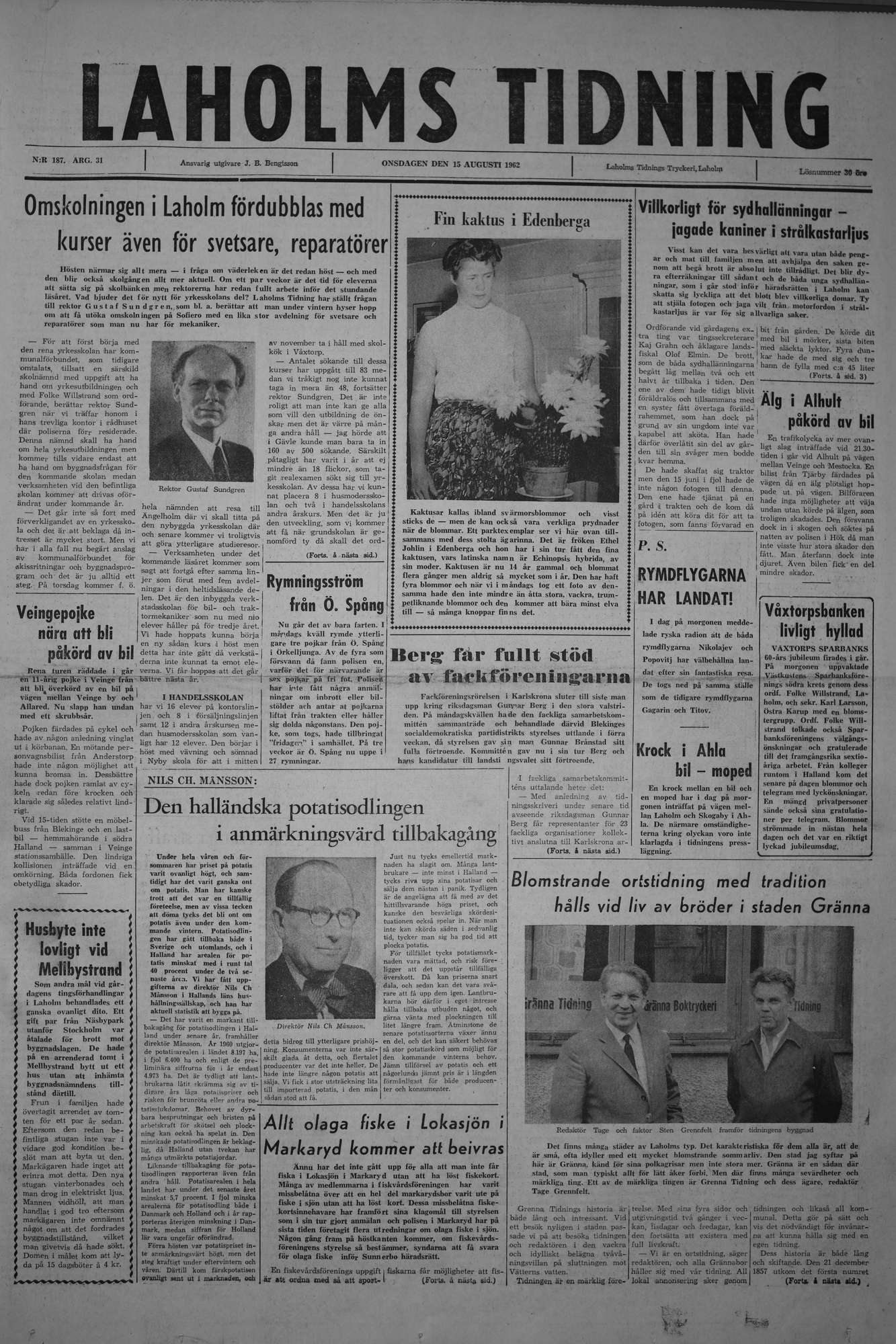 Laholms Tidning Onsdag 15 augusti 1962, sida 1