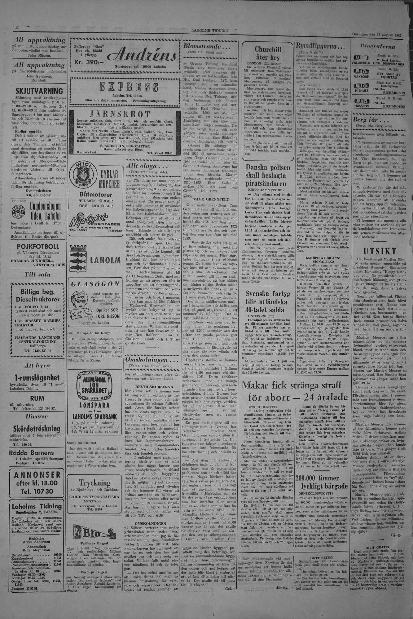 Laholms Tidning Onsdag 15 augusti 1962, sida 2