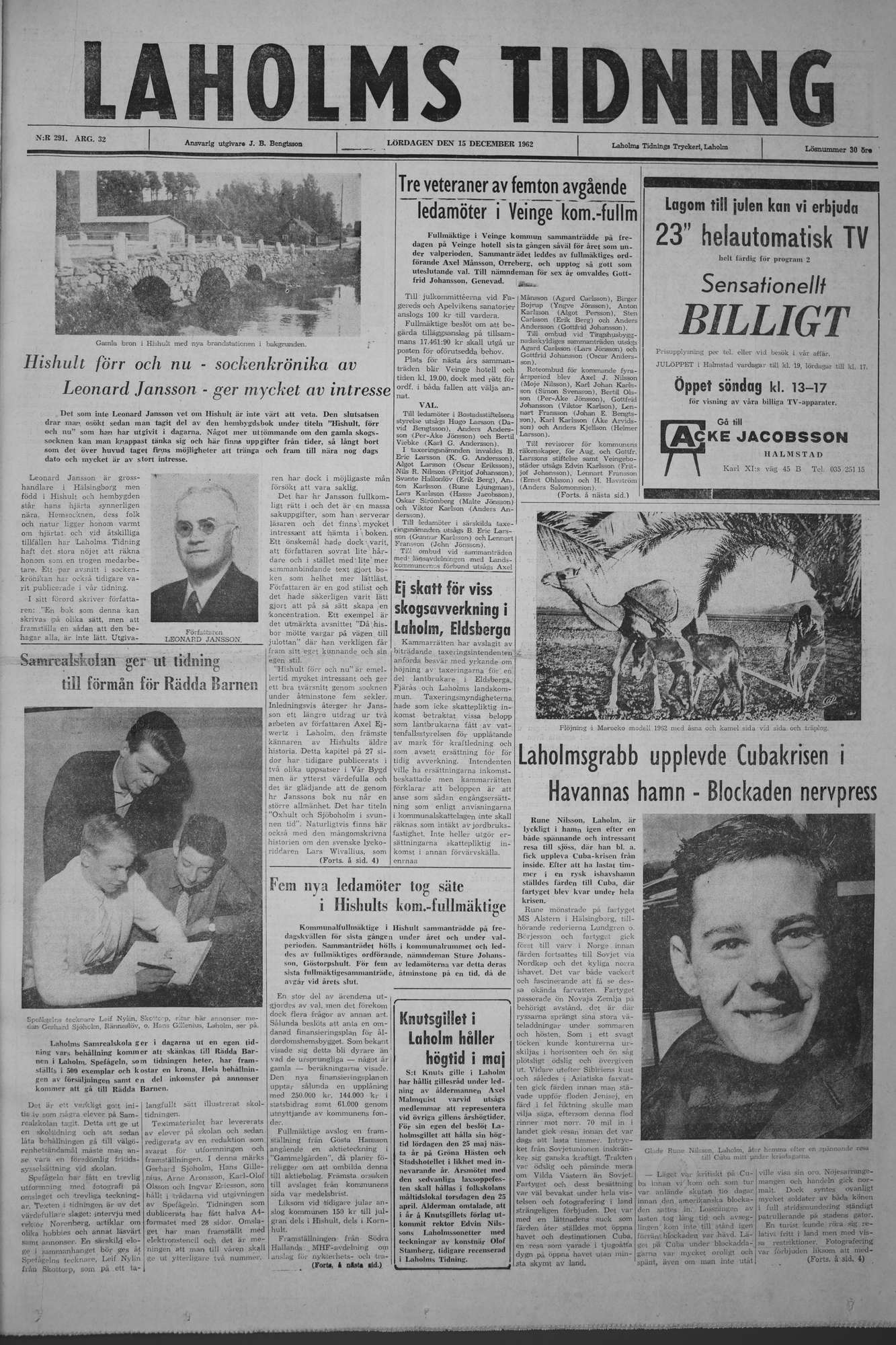 Laholms Tidning Lördag 15 december 1962, sida 1