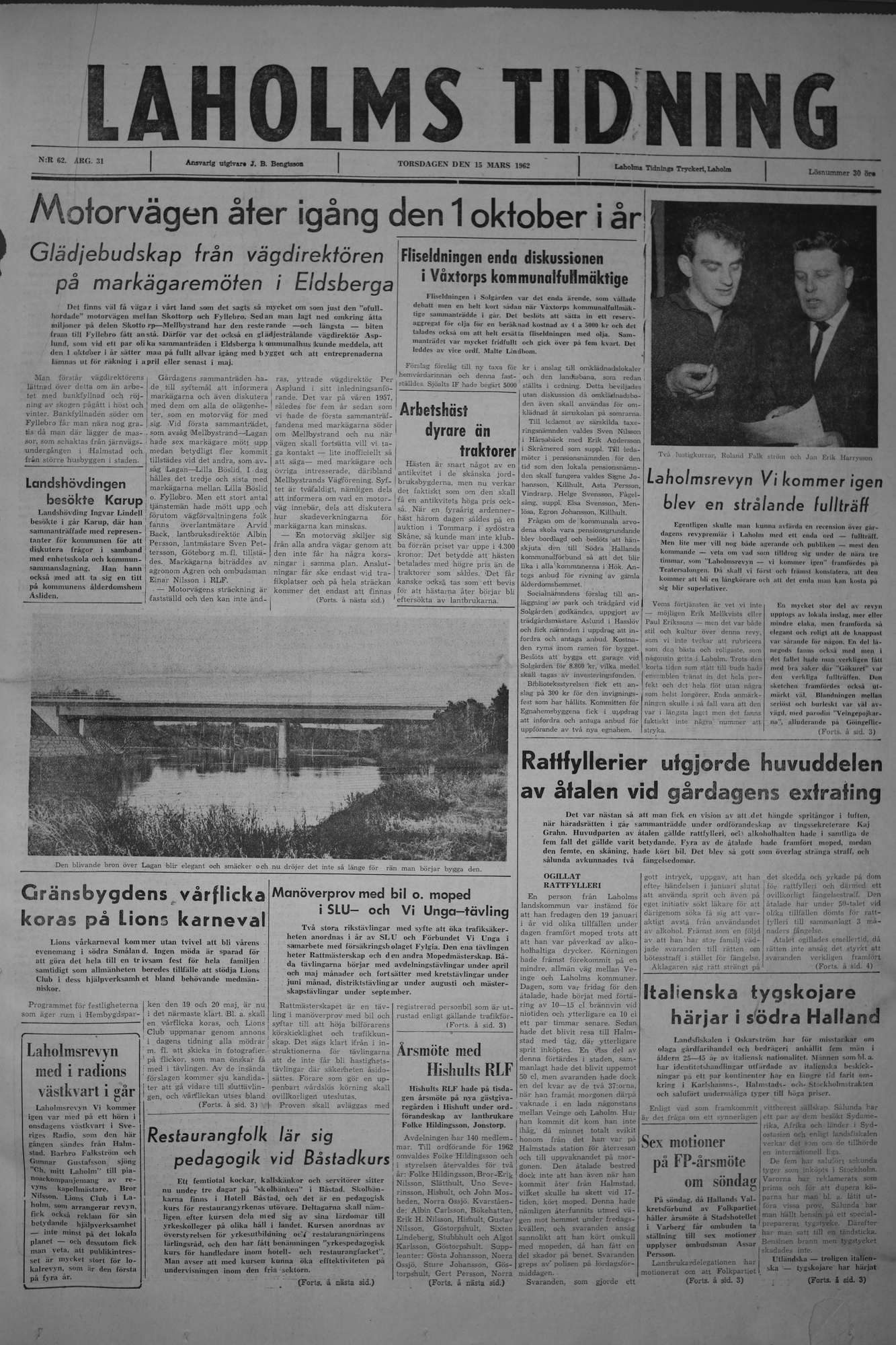 Laholms Tidning Torsdag 15 mars 1962, sida 1