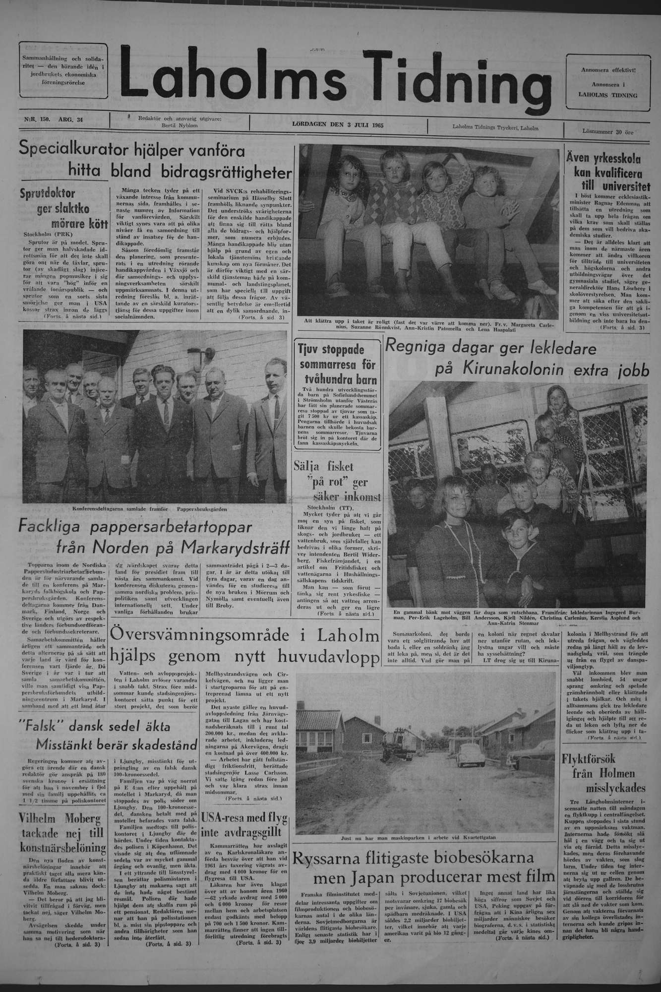 Laholms Tidning Lördag 3 juli 1965, sida 1