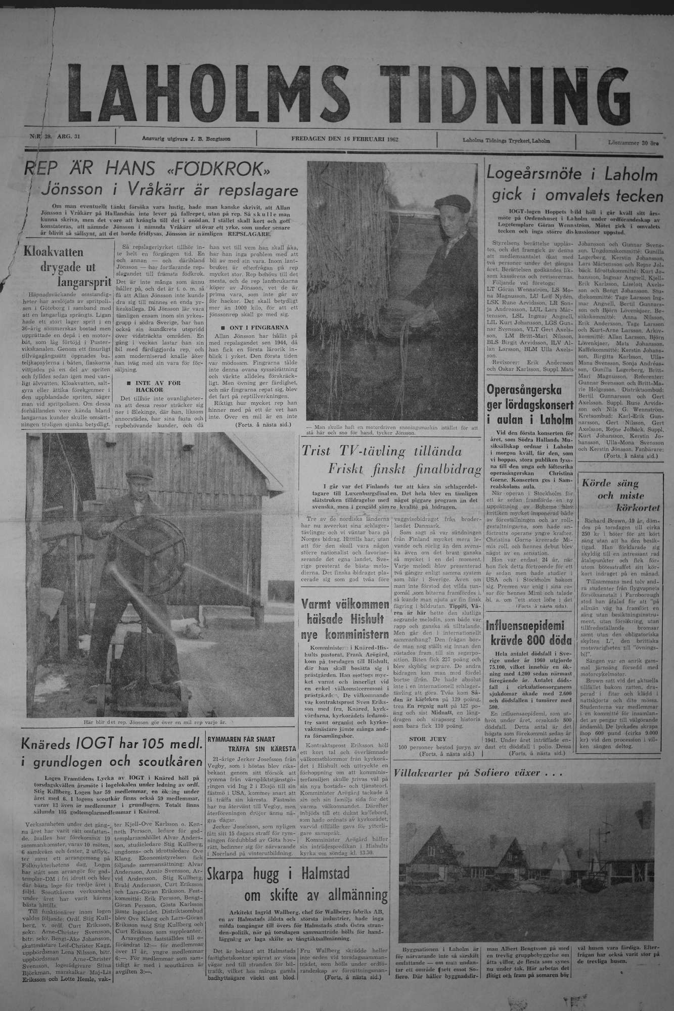 Laholms Tidning Fredag 16 februari 1962, sida 1