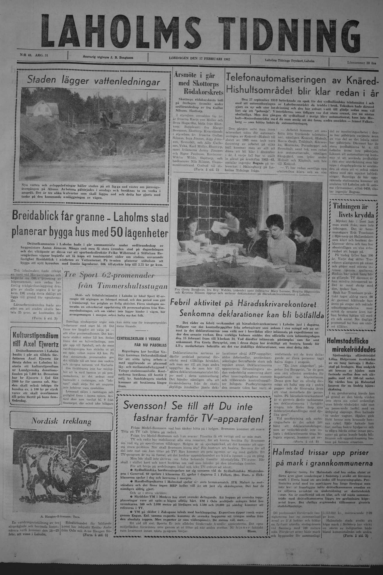 Laholms Tidning Lördag 17 februari 1962, sida 1