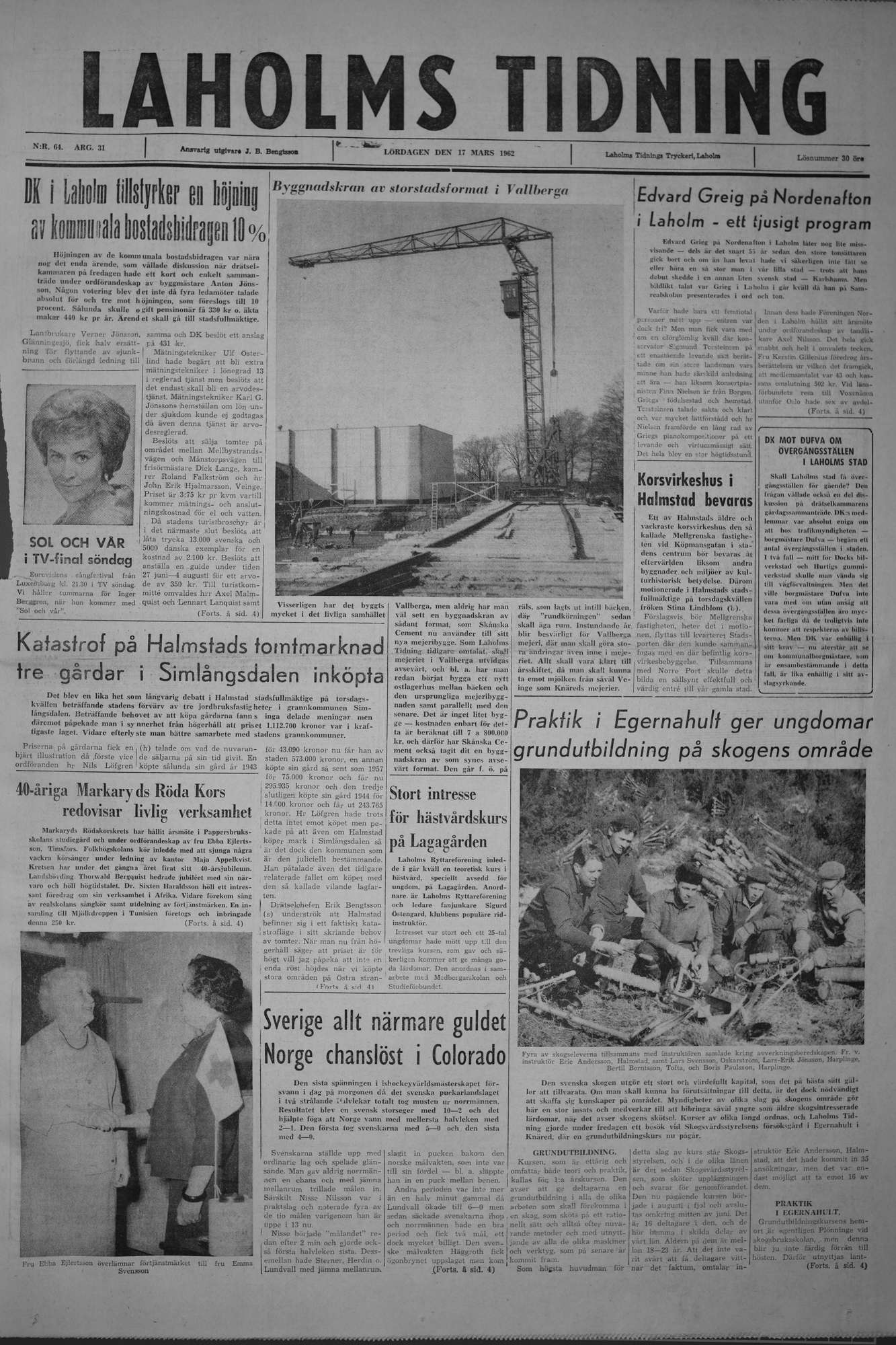 Laholms Tidning Lördag 17 mars 1962, sida 1