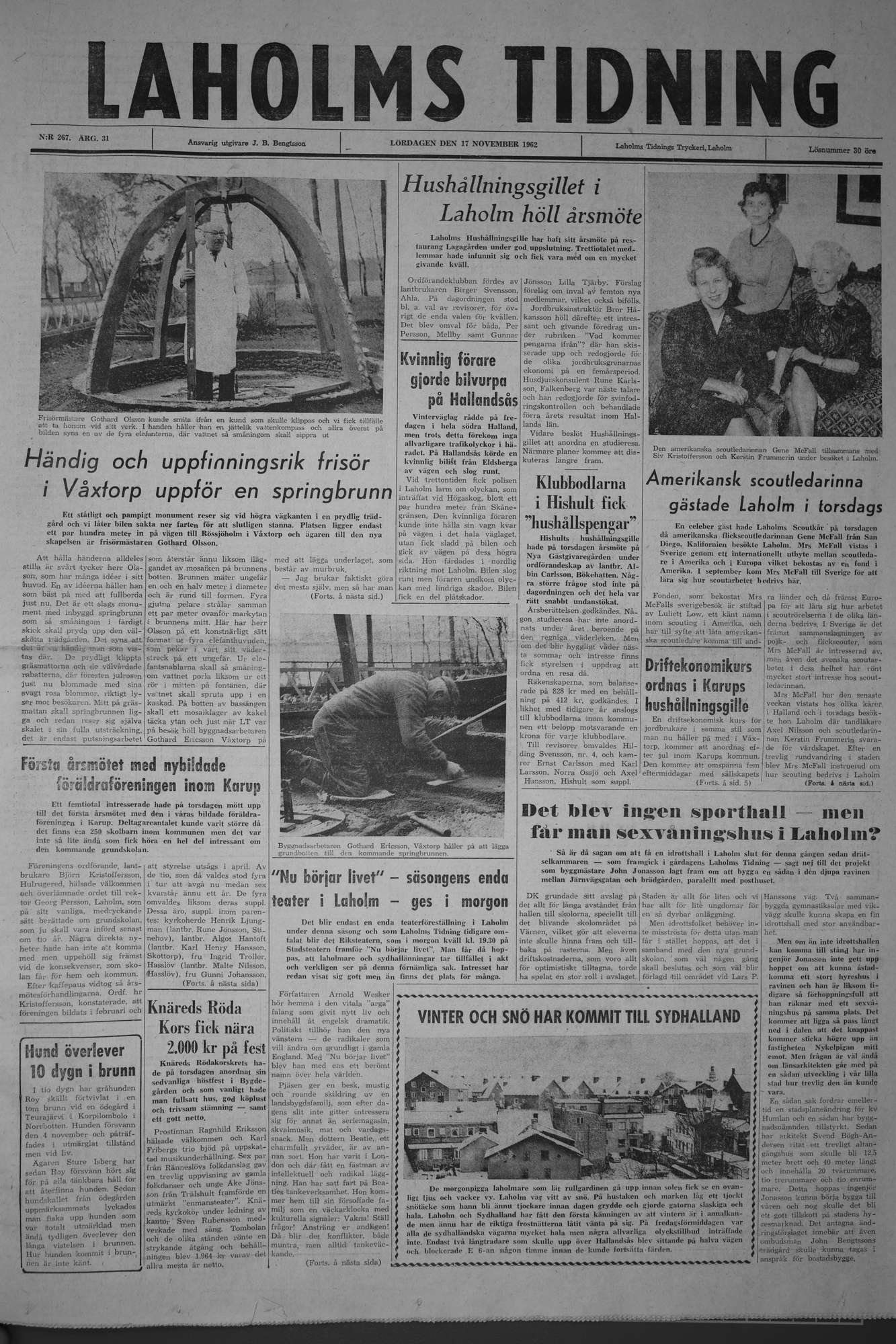 Laholms Tidning Lördag 17 november 1962, sida 1