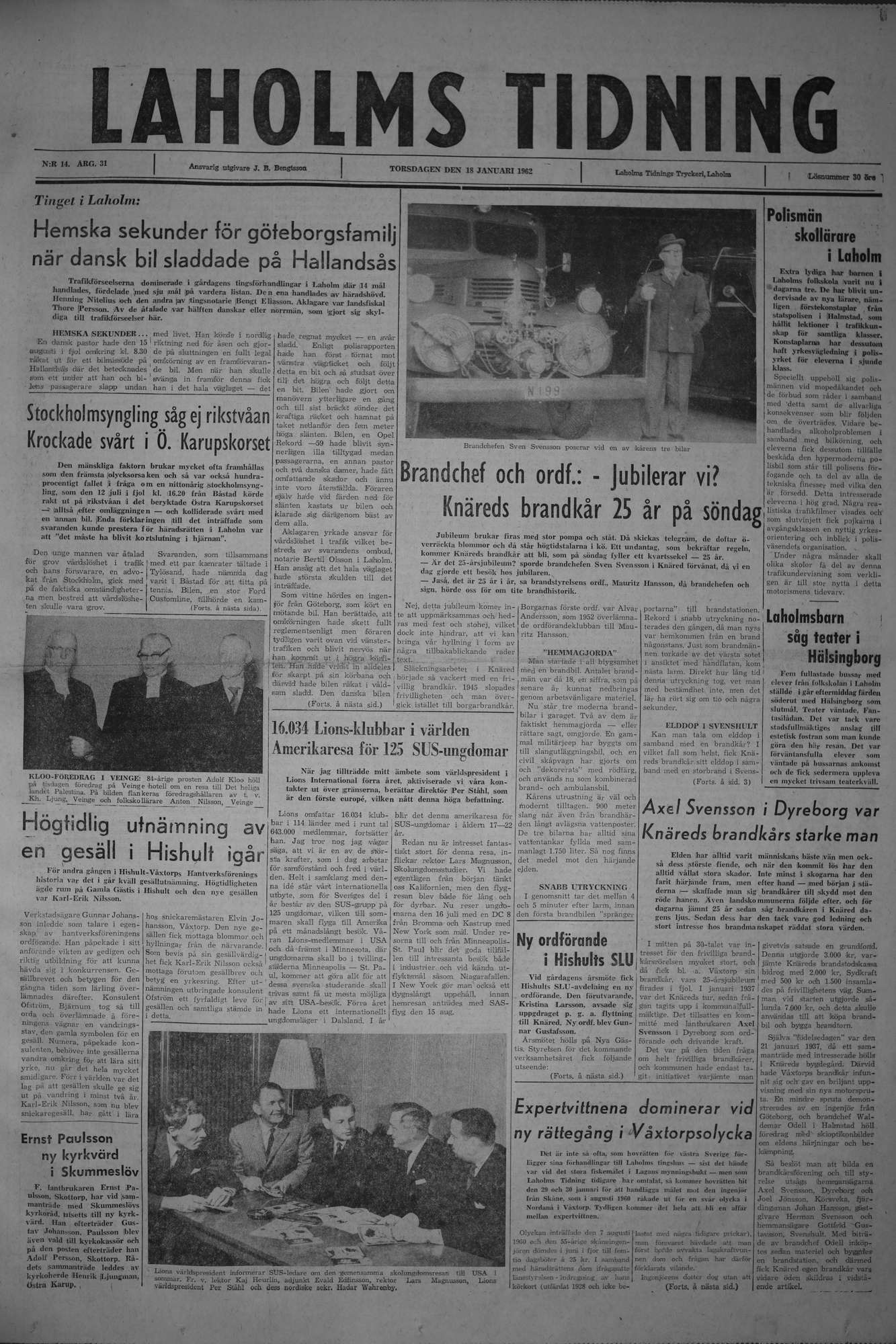 Laholms Tidning Torsdag 18 januari 1962, sida 1