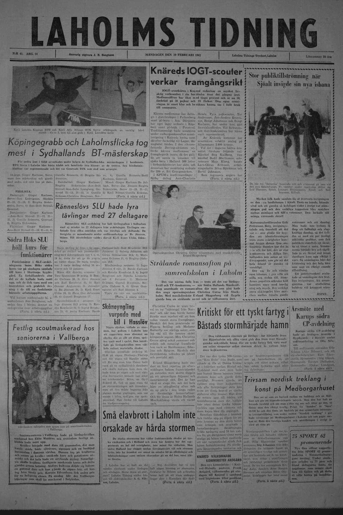 Laholms Tidning Måndag 19 februari 1962, sida 1