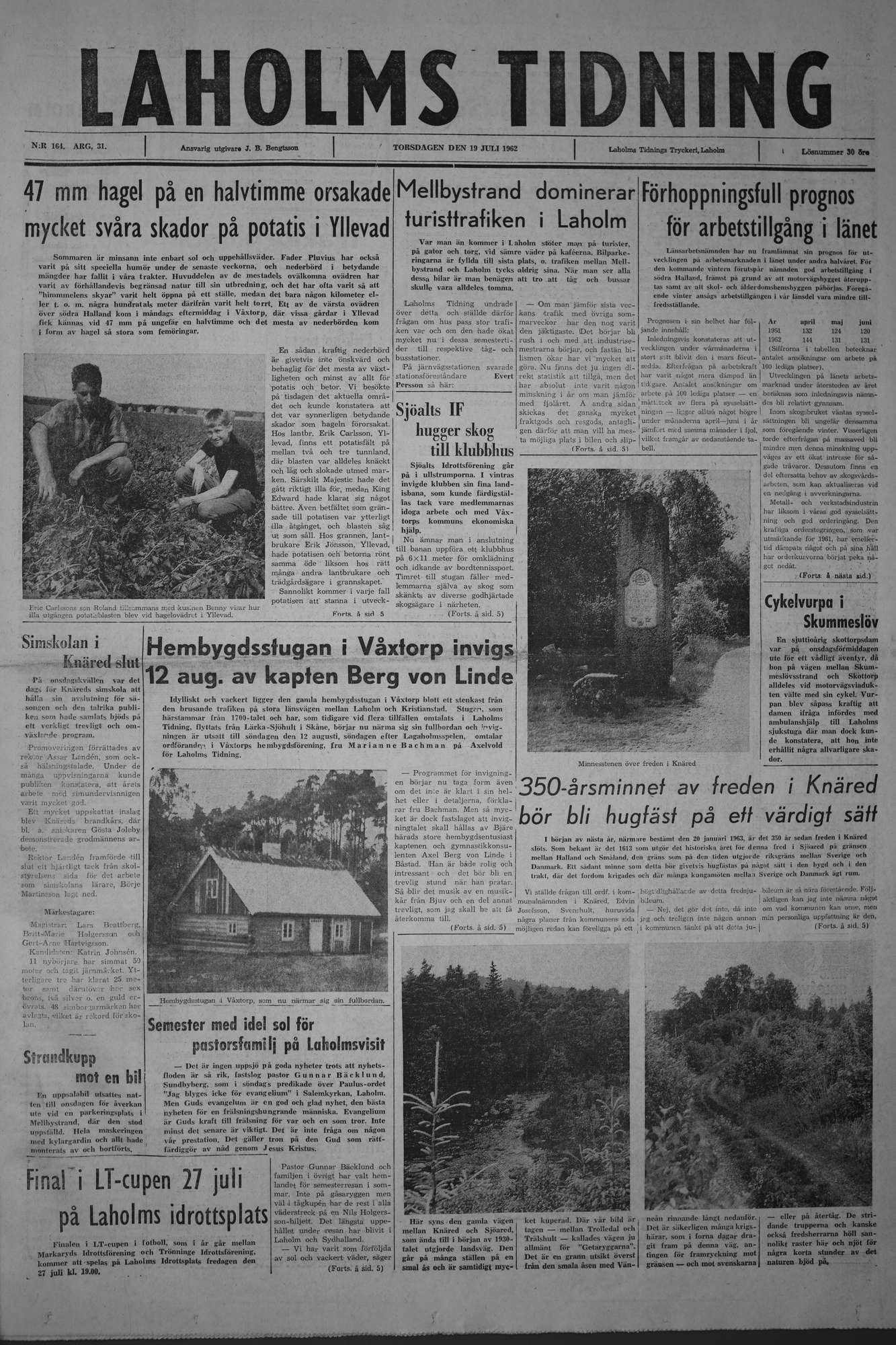 Laholms Tidning Torsdag 19 juli 1962, sida 1