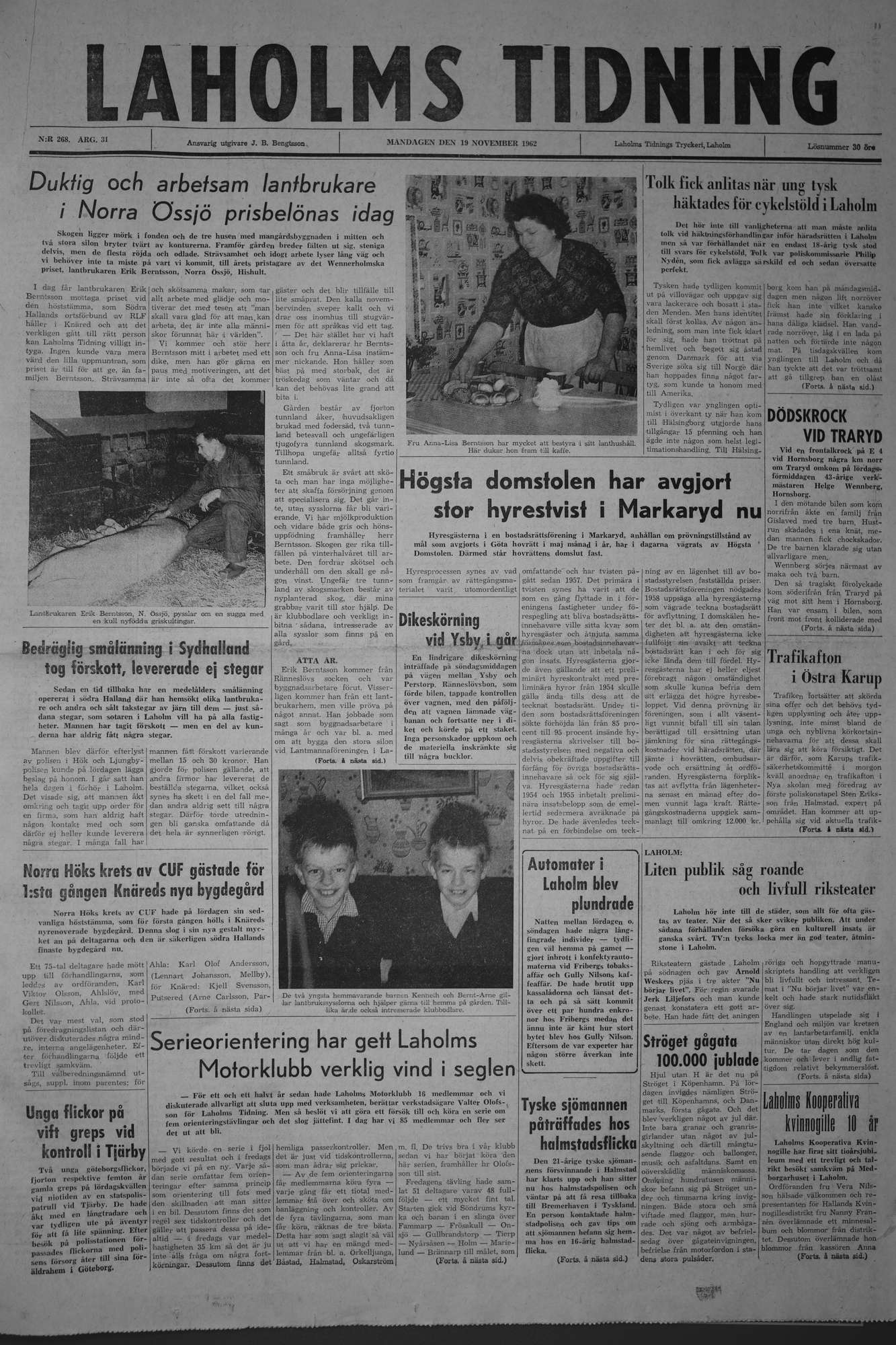 Laholms Tidning Måndag 19 november 1962, sida 1