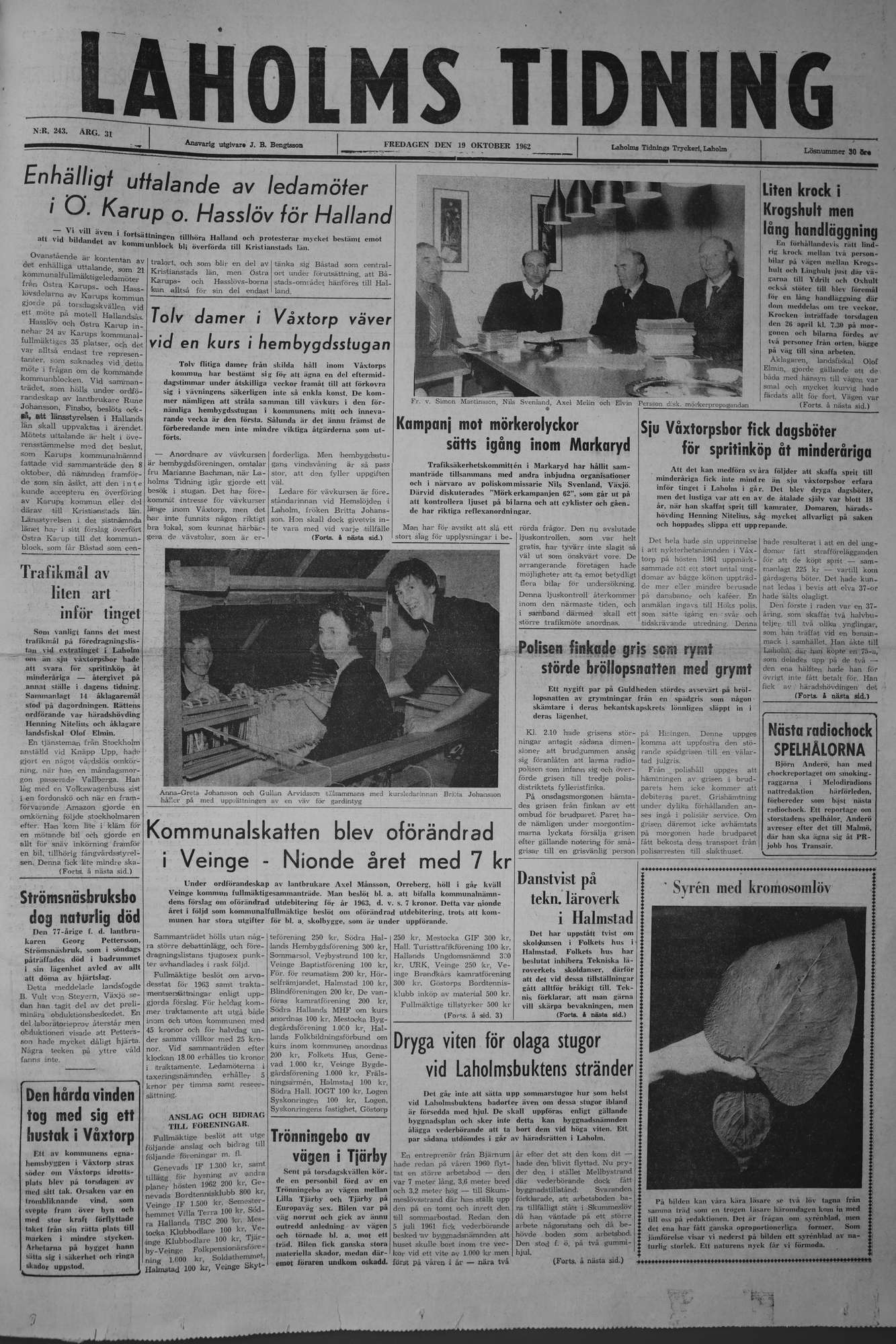 Laholms Tidning Fredag 19 oktober 1962, sida 1