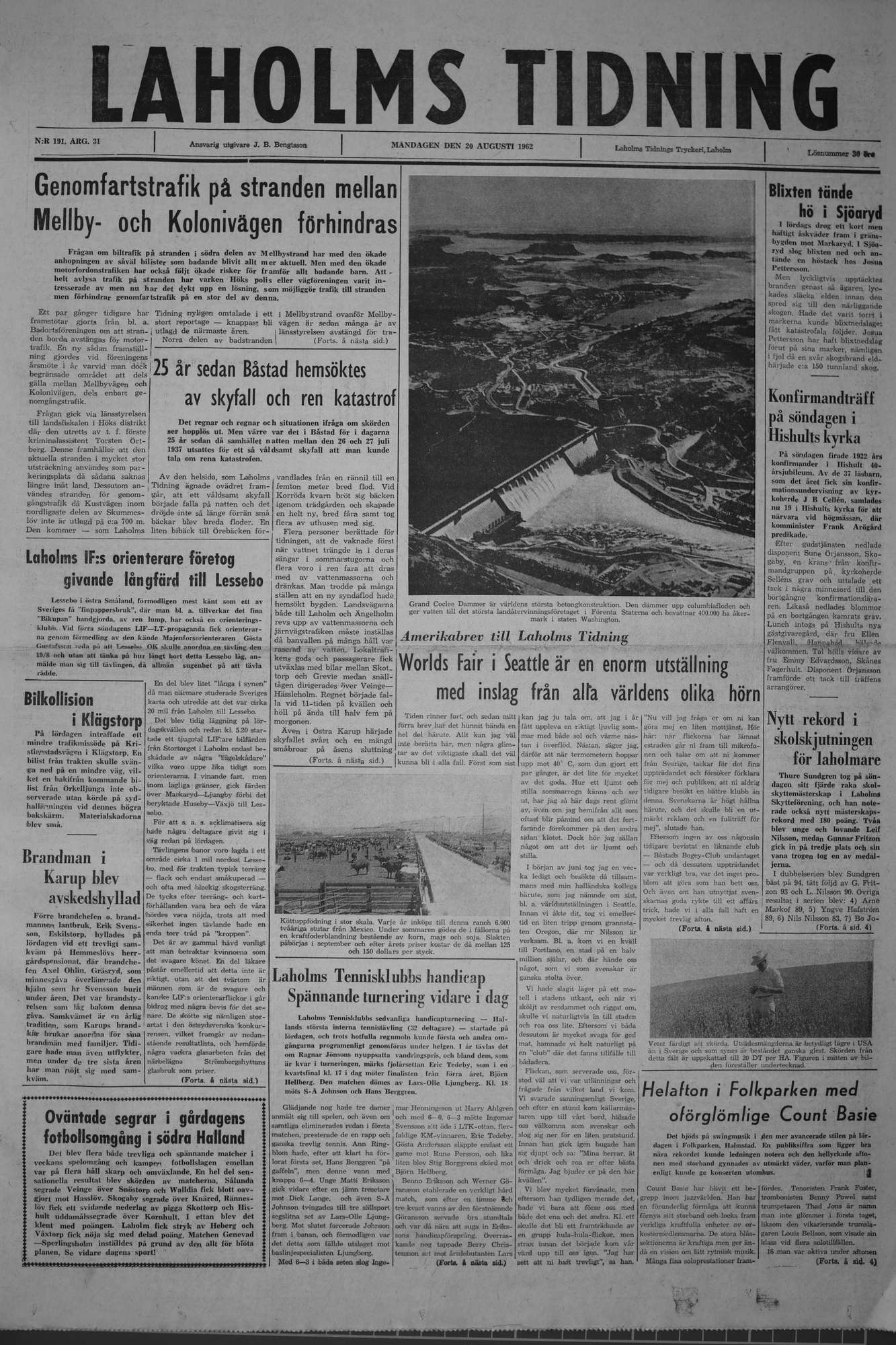 Laholms Tidning Måndag 20 augusti 1962, sida 1