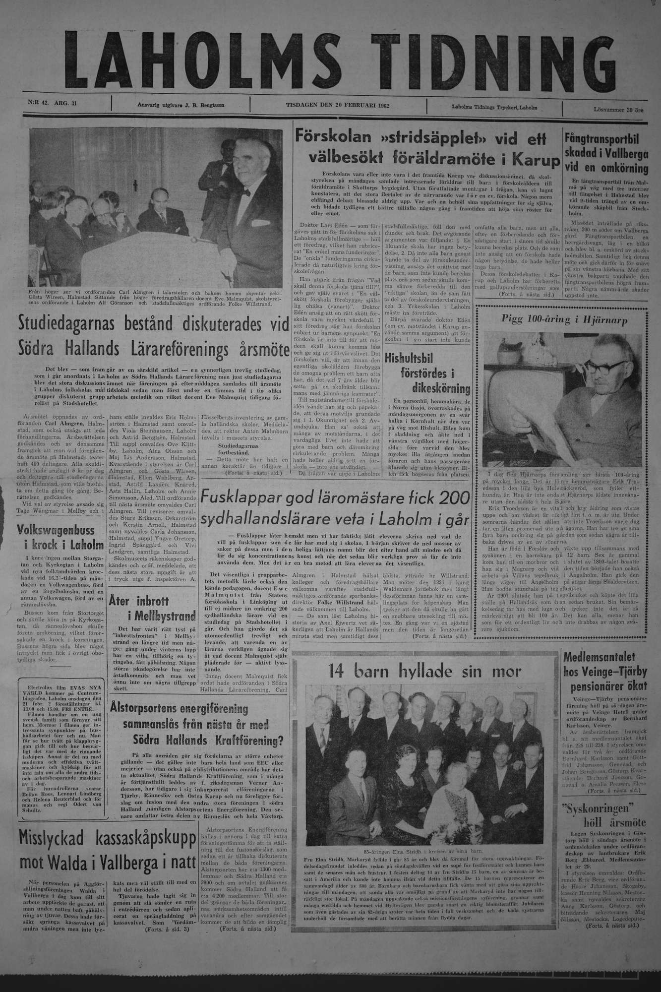 Laholms Tidning Tisdag 20 februari 1962, sida 1