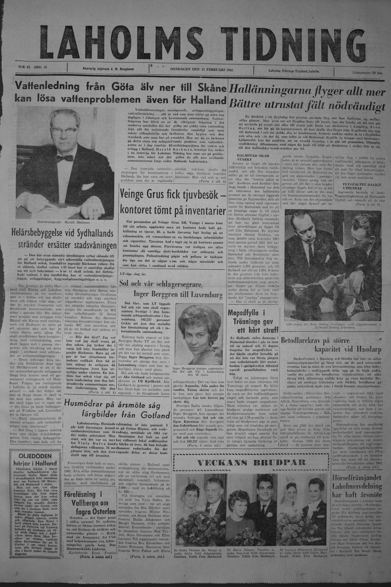 Laholms Tidning Onsdag 21 februari 1962, sida 1