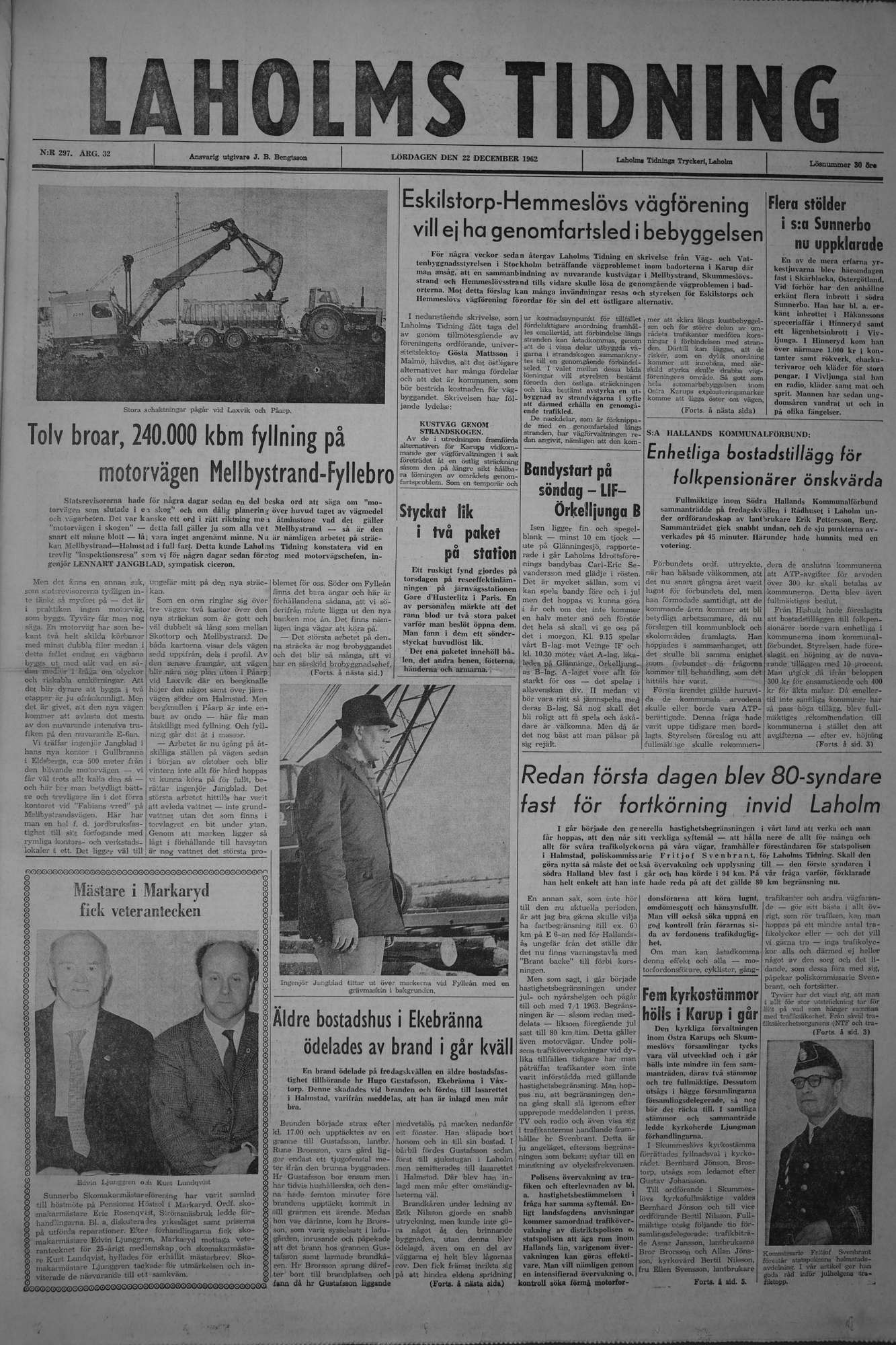 Laholms Tidning Lördag 22 december 1962, sida 1
