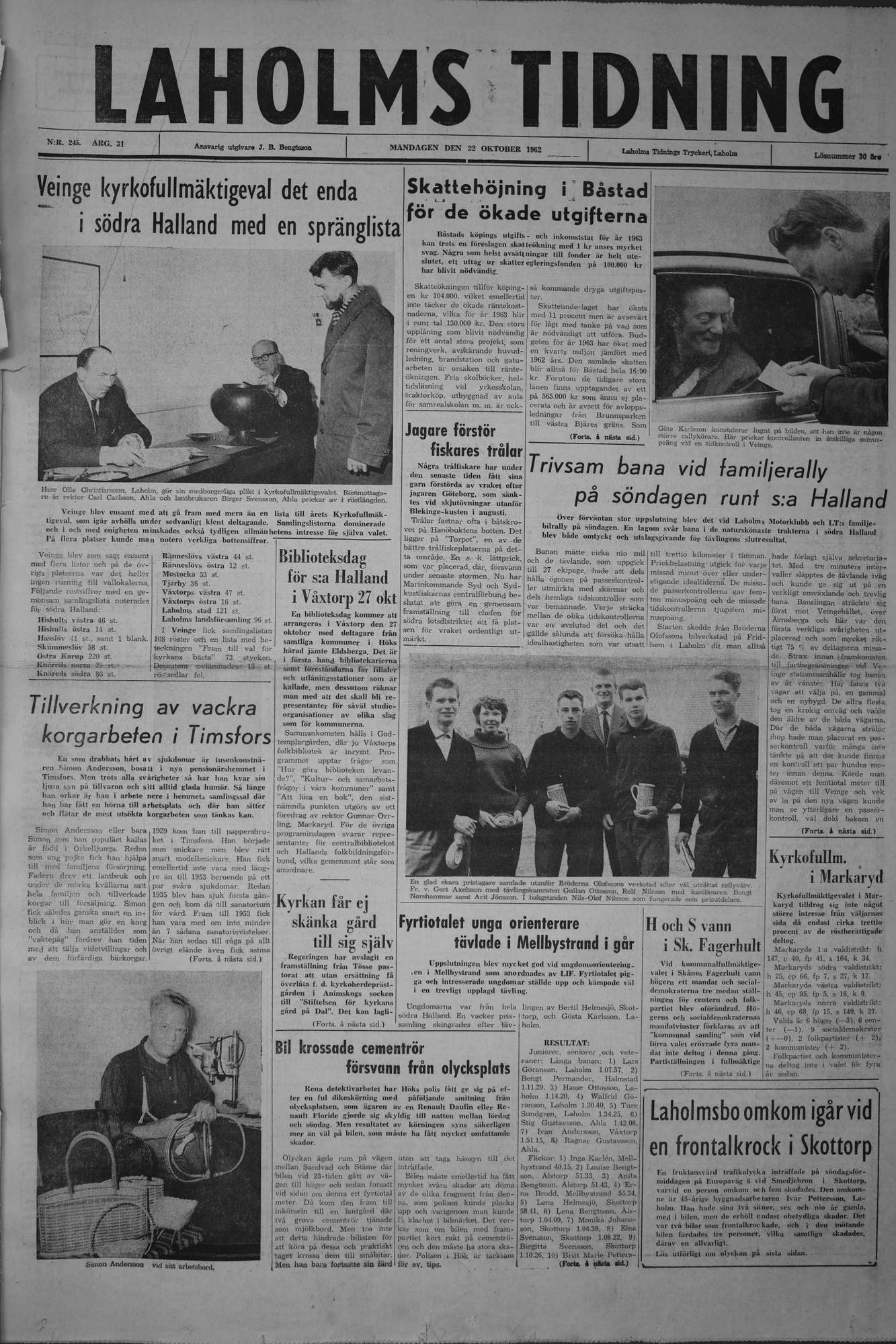 Laholms Tidning Måndag 22 oktober 1962, sida 1