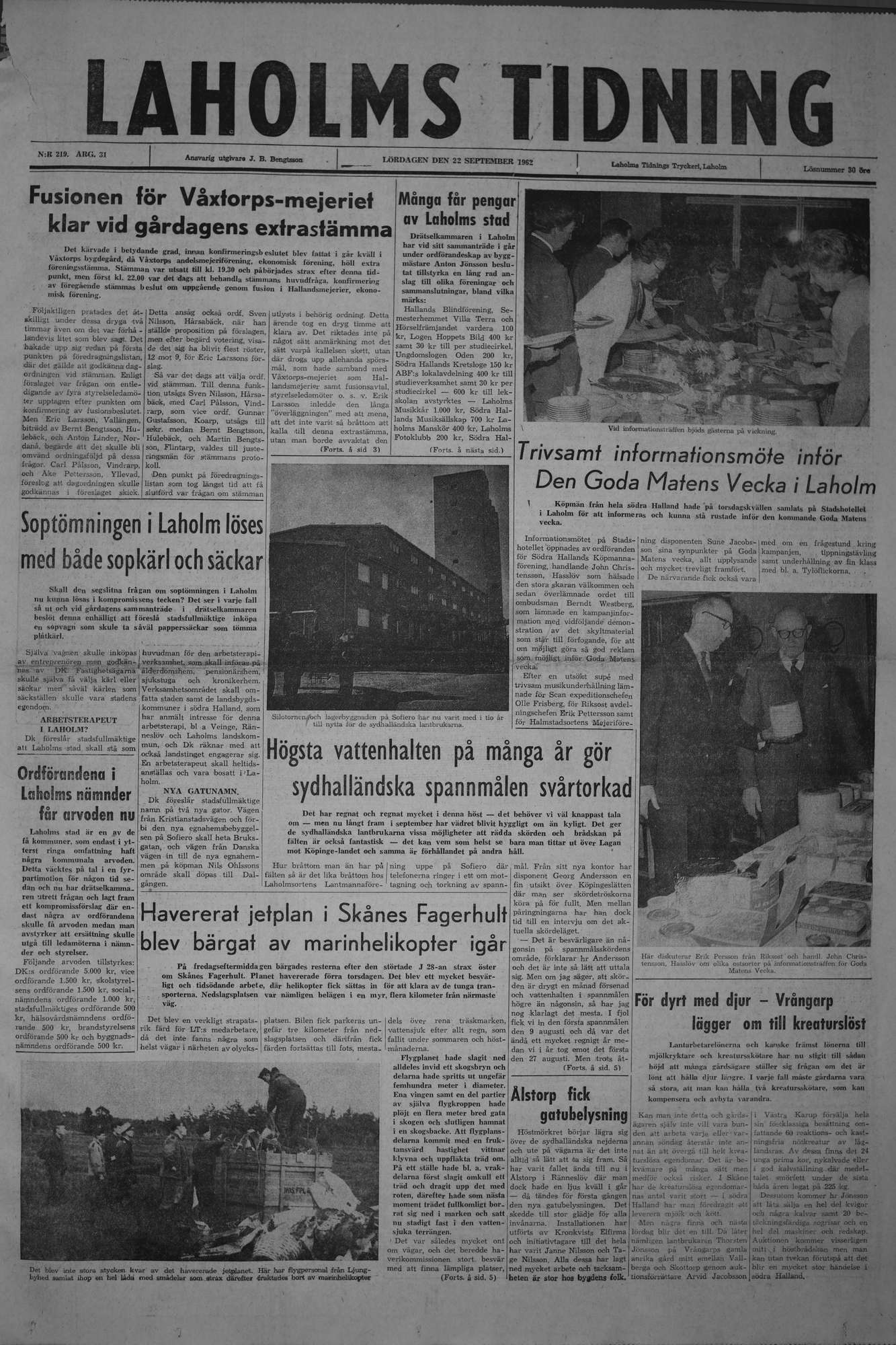 Laholms Tidning Lördag 22 september 1962, sida 1