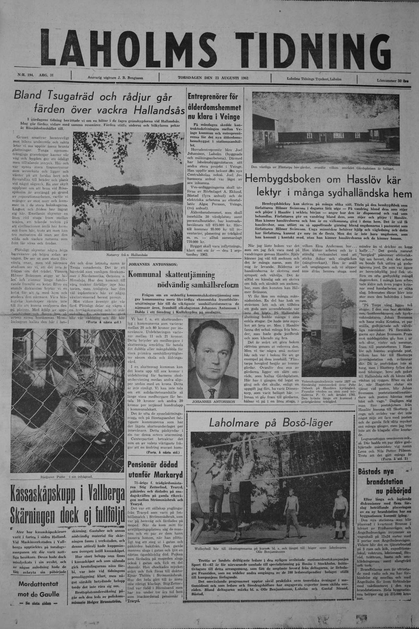 Laholms Tidning Torsdag 23 augusti 1962, sida 1